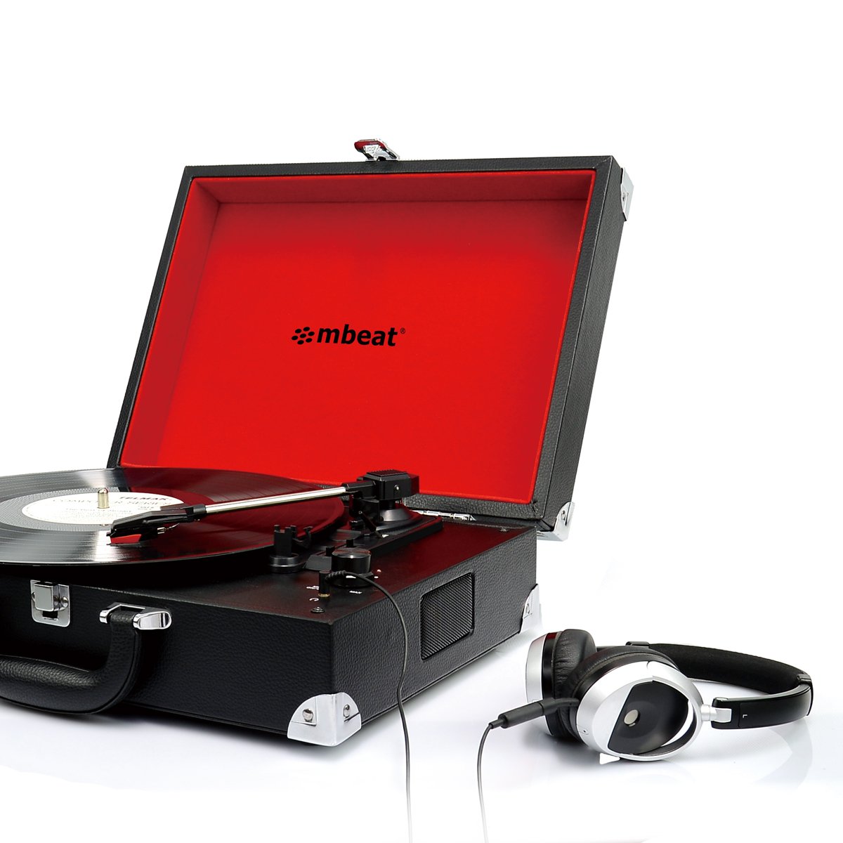 mbeat Tourne-Disque USB Style Mallette rétro en Vinyle MP3, Haut-parleurs stéréo intégrés, Couleur Noire