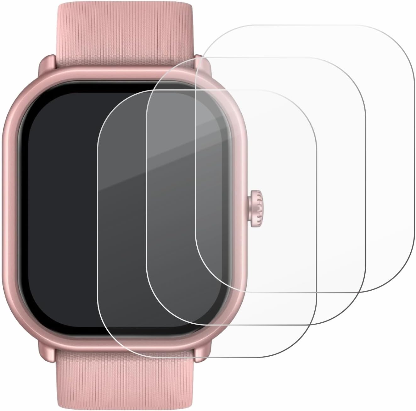 Three BROTECT AirGlass screen protectors laid out on a Zeblaze GTS 3 Pro smartwatch.