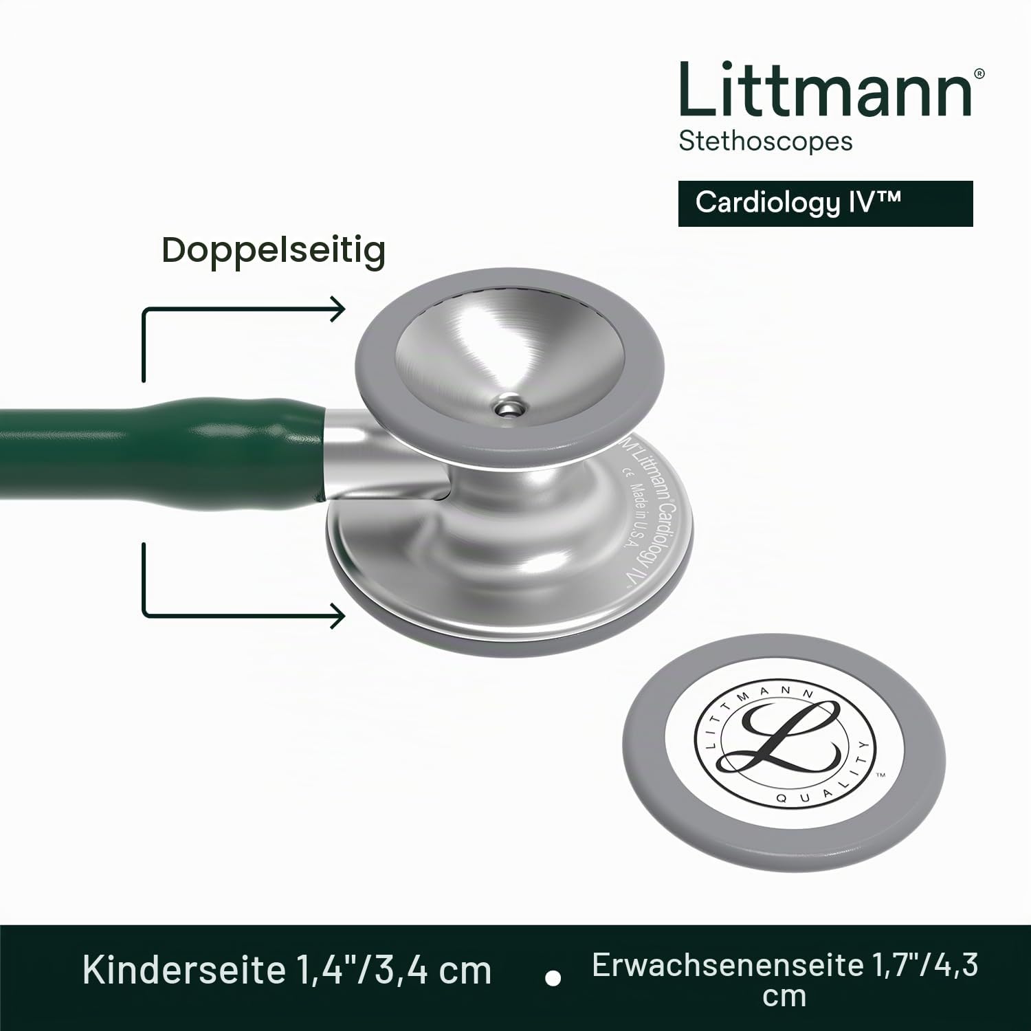 Littmann Cardiology IV Stethoskop, 6155, Schlauch Dunkelgrün | Edelstahl-Bruststück. Für Ärzte und Medizinstudenten