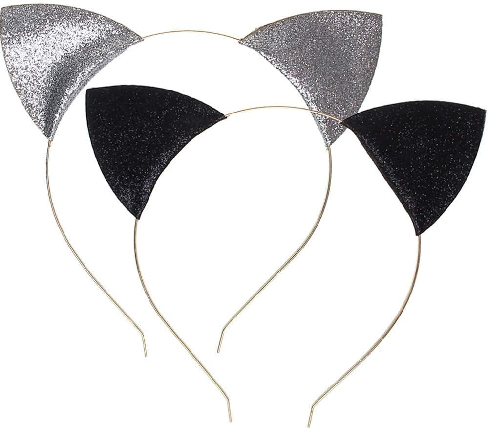 Wowot 2 Pack Glitter Cats Ear Hair Hoops Clasps, Cat Ears Headbands, Cat Hair Band For Daily Wearing and Party Decoration