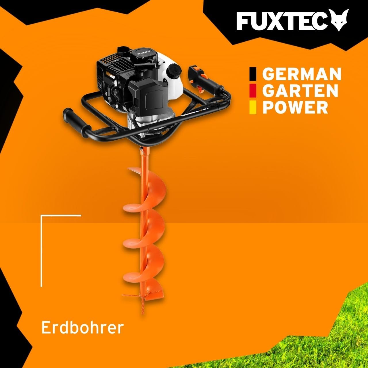FUXTEC Benzin Erdbohrer FX-EB143ECO, Erdlochbohrer inkl. 2 Bohraufsätzen, 42,7 cm³ 2-Takt-Motor, 100/150 mm Bohrer, für Zaunbau, Garten & Fundament, Fliehkraftkupplung, ergonomisch, 8.5 kg