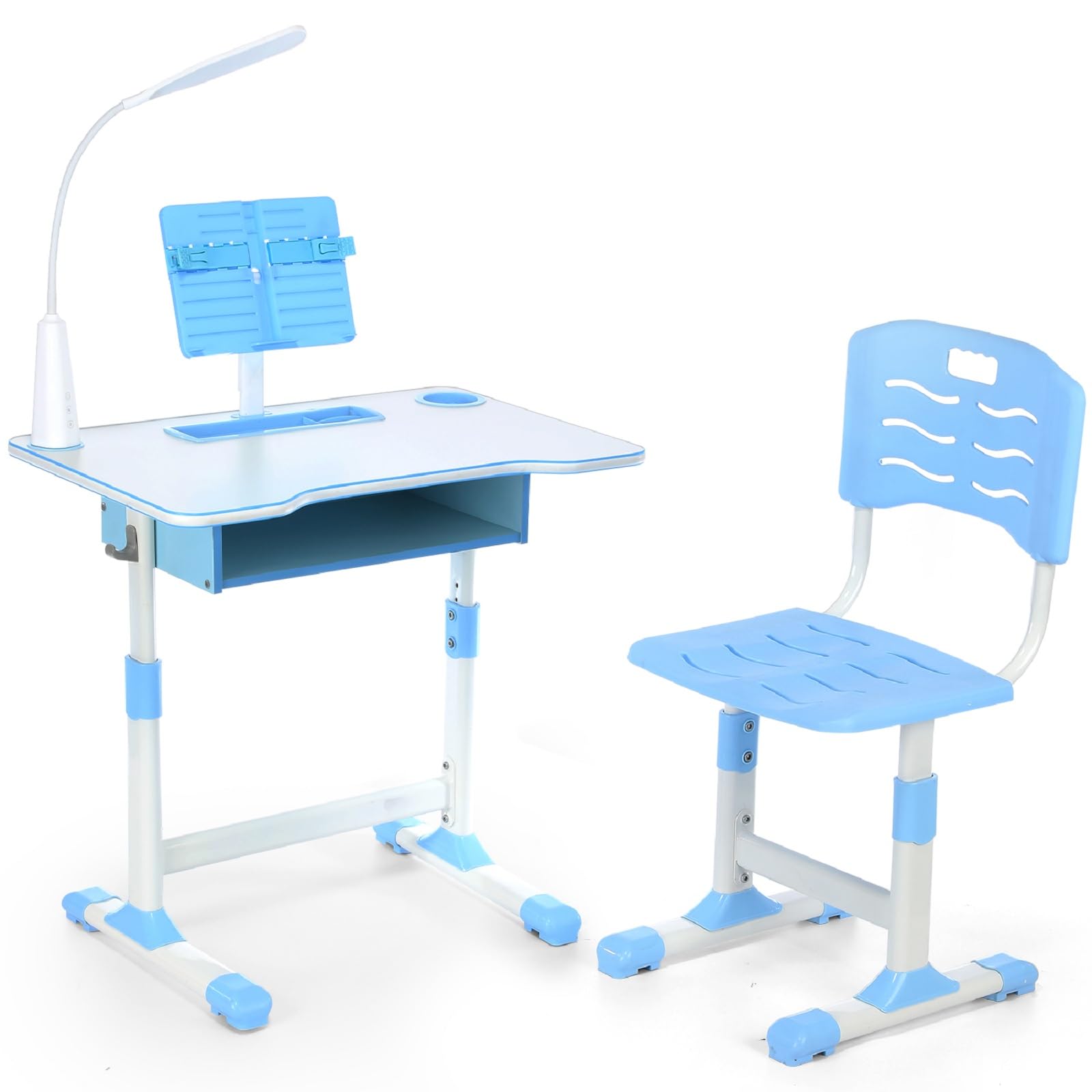 Kinderschreibtisch mit Stuhl Set, Schreibtisch Kinder mit Stuhl Höhenverstellbar 62-72cm + Helligkeitsregulierung LED für Kinder Schüler Jugendliche zum Lernen, Lesen, Malen，Blau
