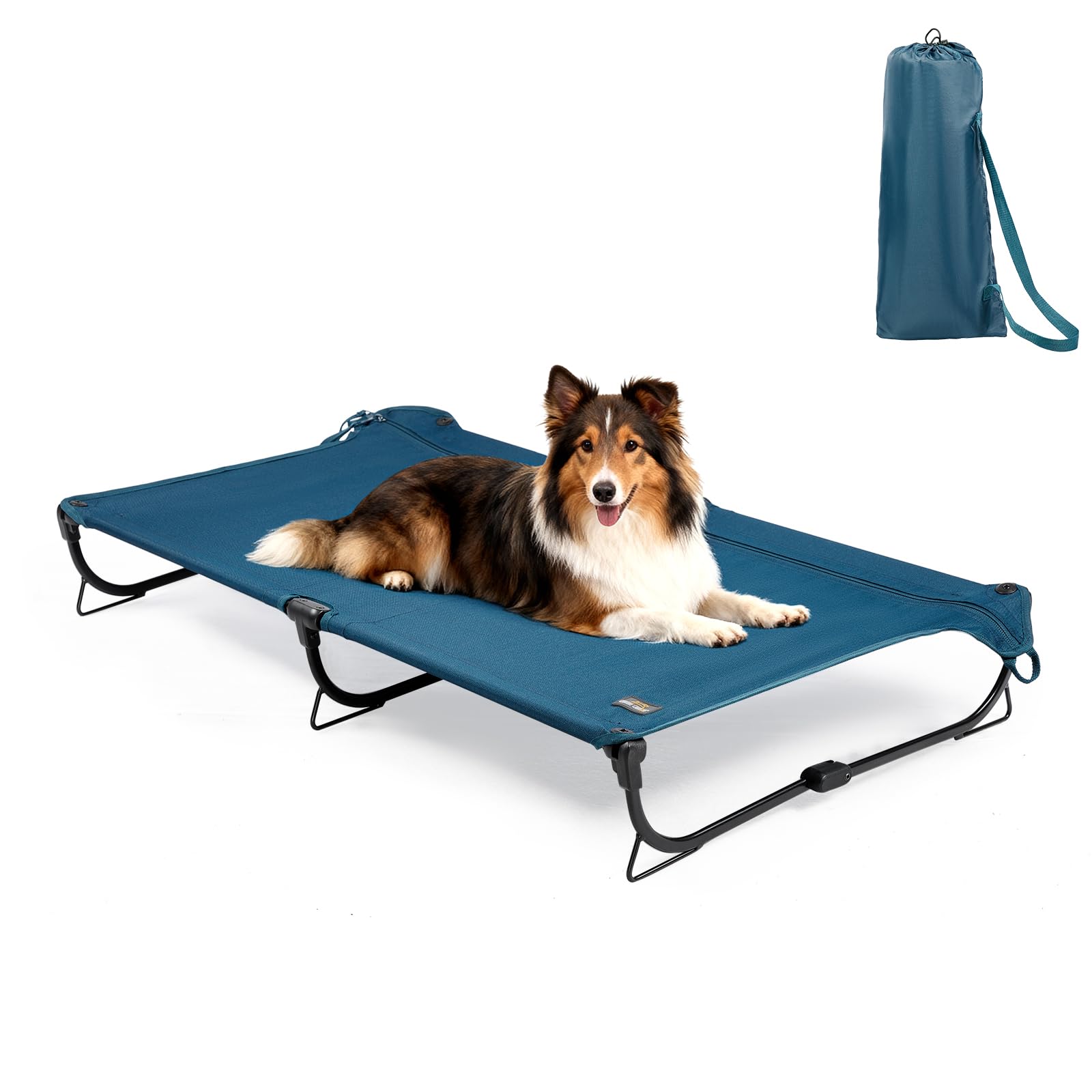 CANINE CANYON Folding Raised Dog Cot, Large Outdoor Elevated Dog Bed, Cooling Chew Proof Pet Cots Bed, Portable, Heavy Duty Up to 160 lbs, Pet Cot for Camping, Home, Dark Blue, 43"x27"x7"