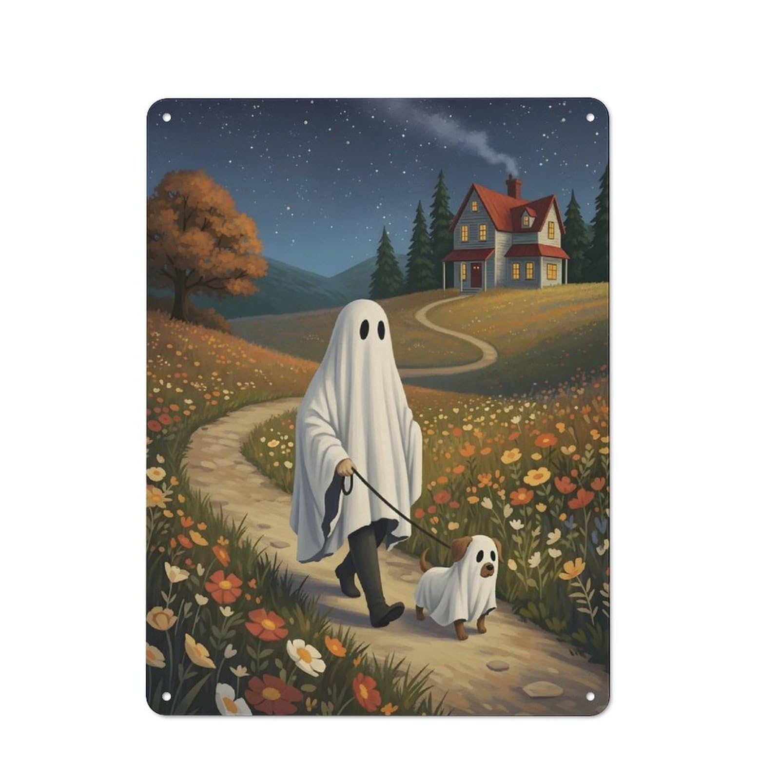 Junmoney Ghost And Dog Walking On Path Rustic Tin Sign 40X30cm Featuring For Bar Or Restaurant, A Housewarming Gift For Bar Decor Enthusiasts