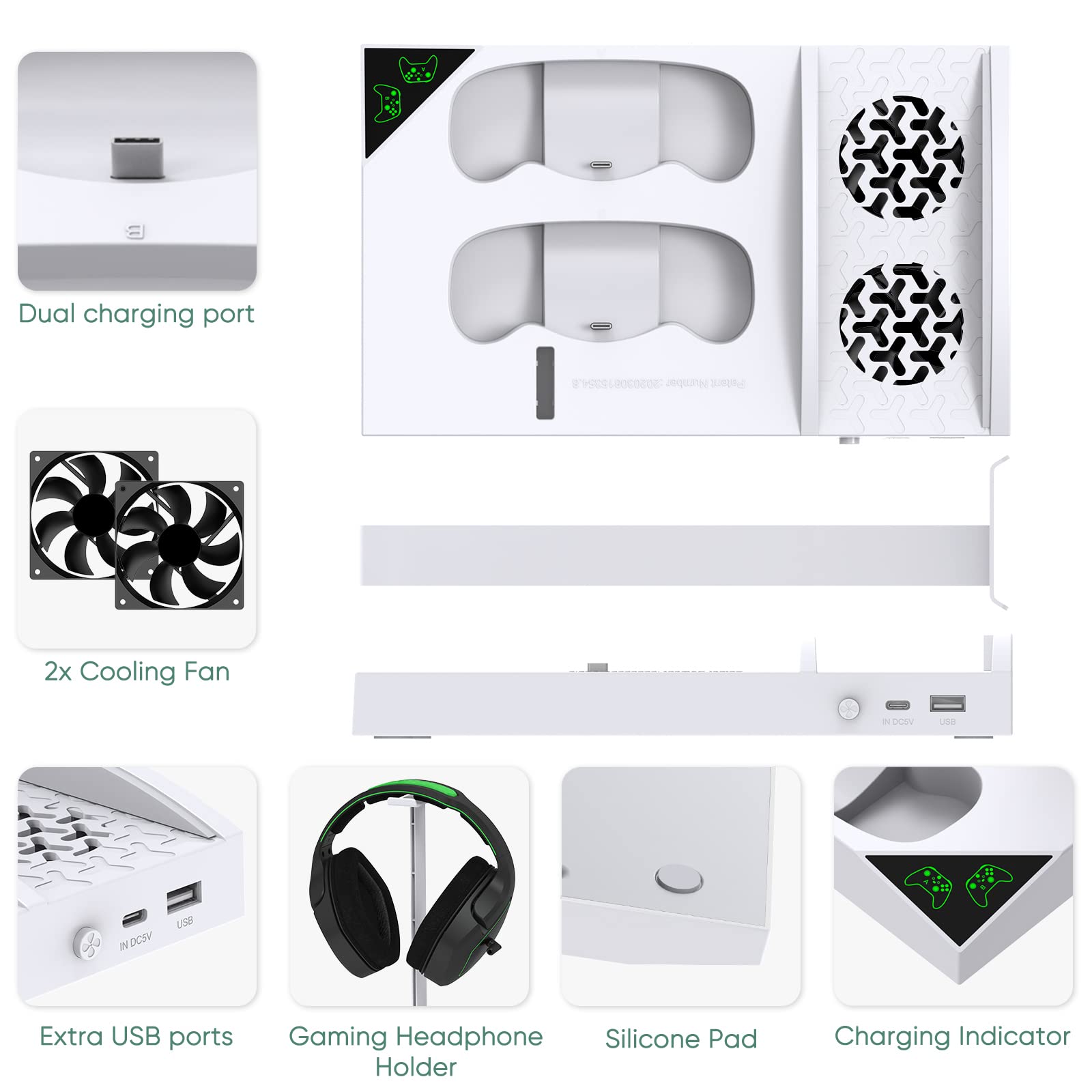 FastSnail Support Compatible avec Xbox Series S avec Fentes de Chargement pour Manette, Support Vertical avec 2 Piles 1400mAh et Support pour Casque (Blanc)