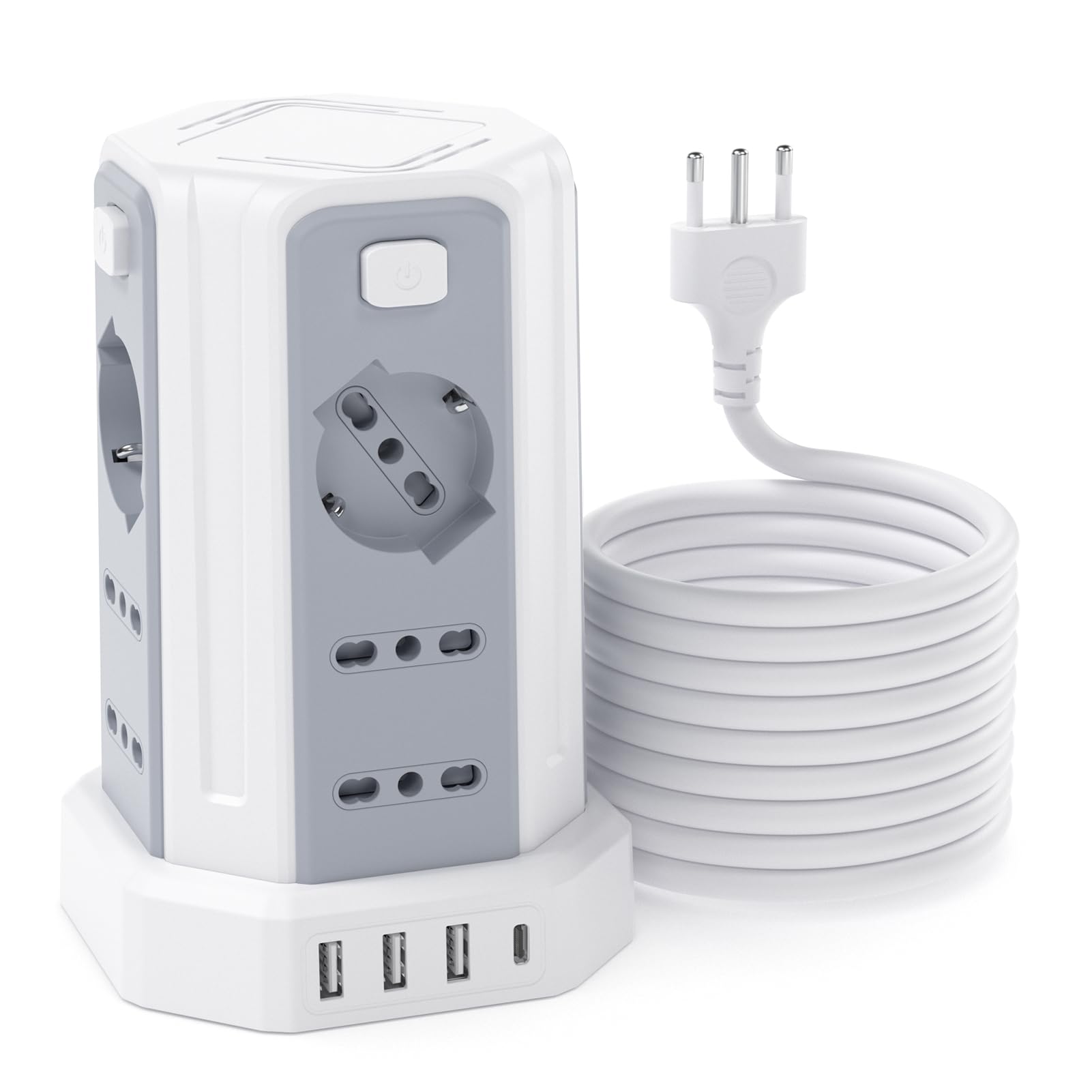 Regleta eléctrica multitoma de 5 metros con 12 tomas universales 10/16 A ITA y Schuko y 3 USB A+1 USB C protección Sobretensión con 4 interruptores independientes, blanco