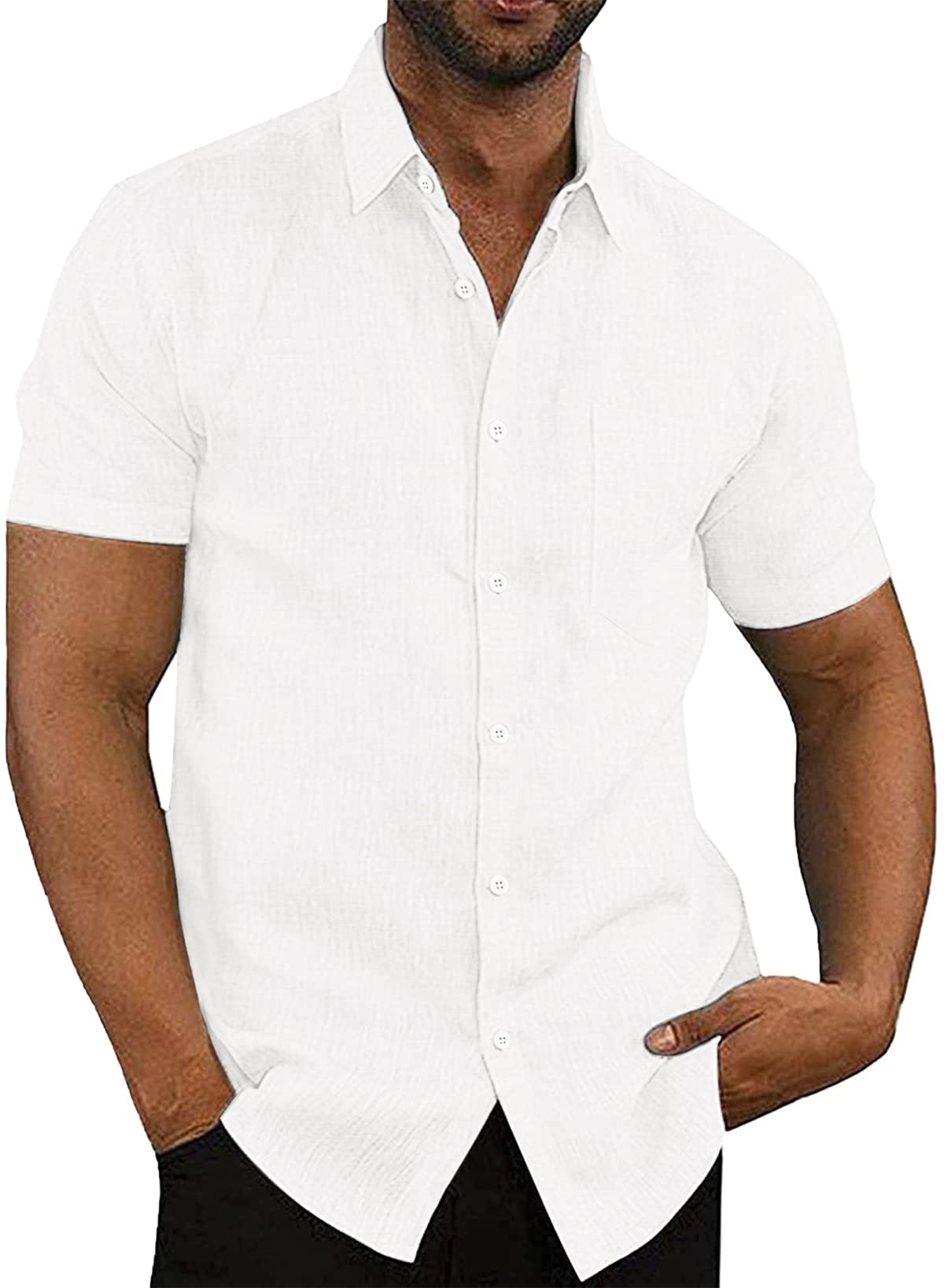 APOONABA Camisa Hombre Manga Corta Camisa Verano Casual Coton Shirts Clásico Color Sólido Camisa con Bolsillo