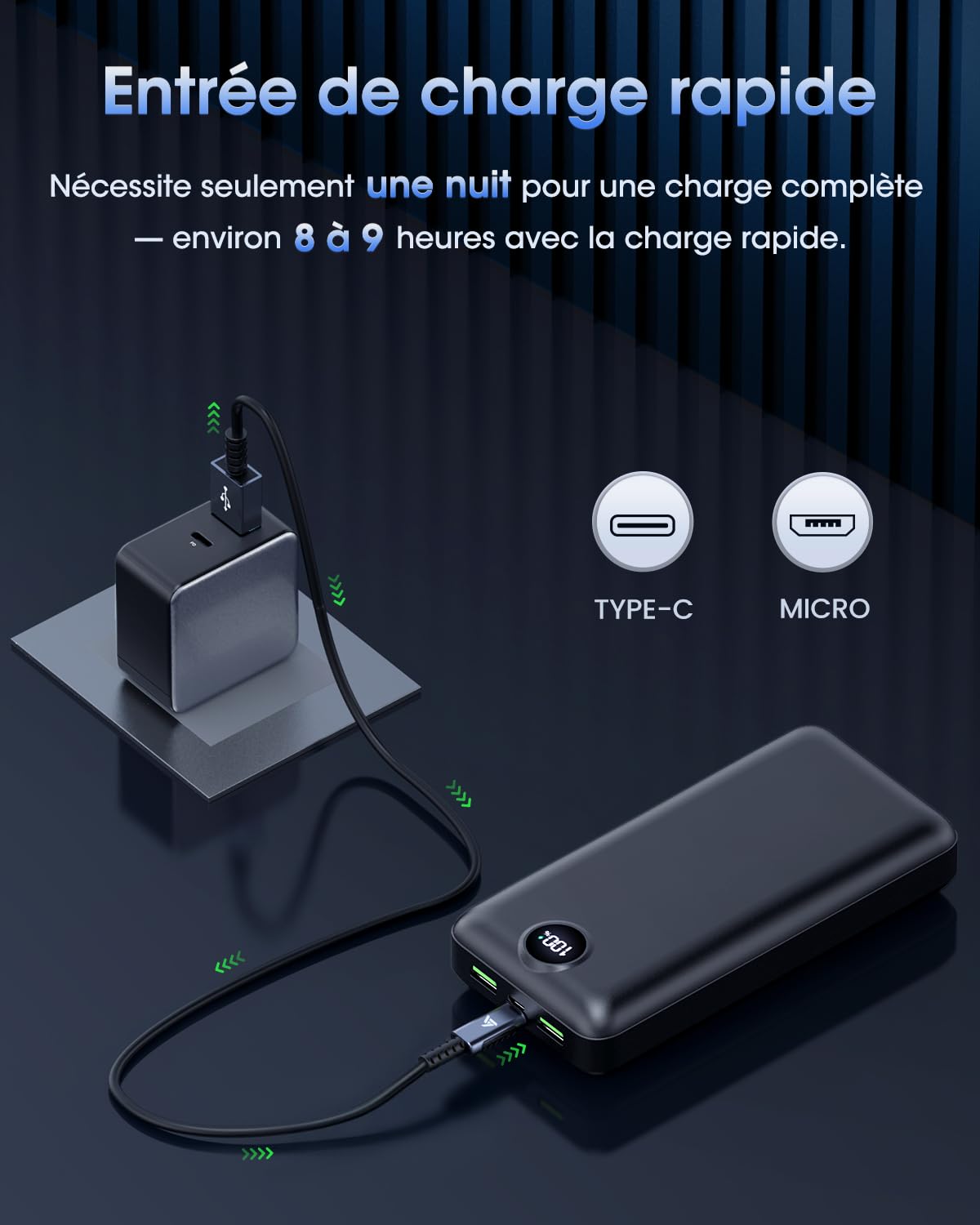 BraveCity Batterie Externe 50000mAh Semi-Solide Charge Rapide Câble 3 en 1