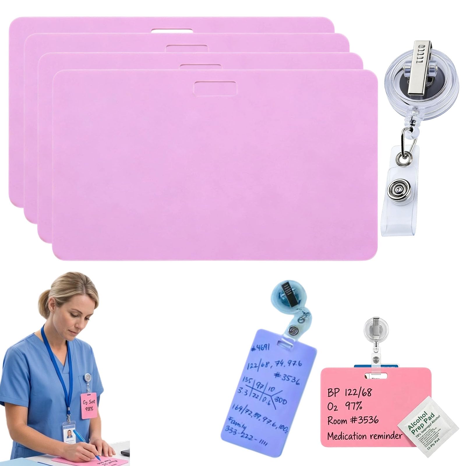 Erasable Badge Note,Vertical Horizontal Silicone Erasable Notepad Badge Set, Reusable ID Card Badges Reel Notepad for Nurses Doctor, Writable Whiteboard Clipboard with Badge Clip (purple1)