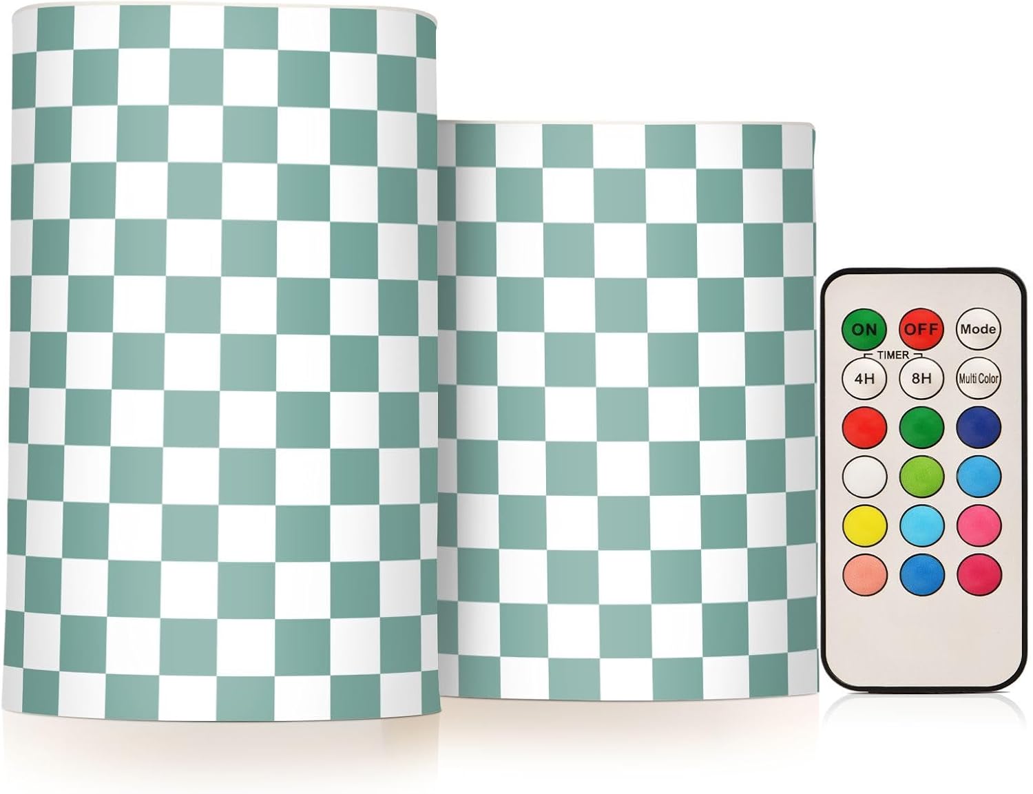 Green Teal White Checkered Flickering Flameless Candles LED Battery Operated with Remote Timer Pillar Candles for Home Birthday Wedding Christmas Decor, Set of 2