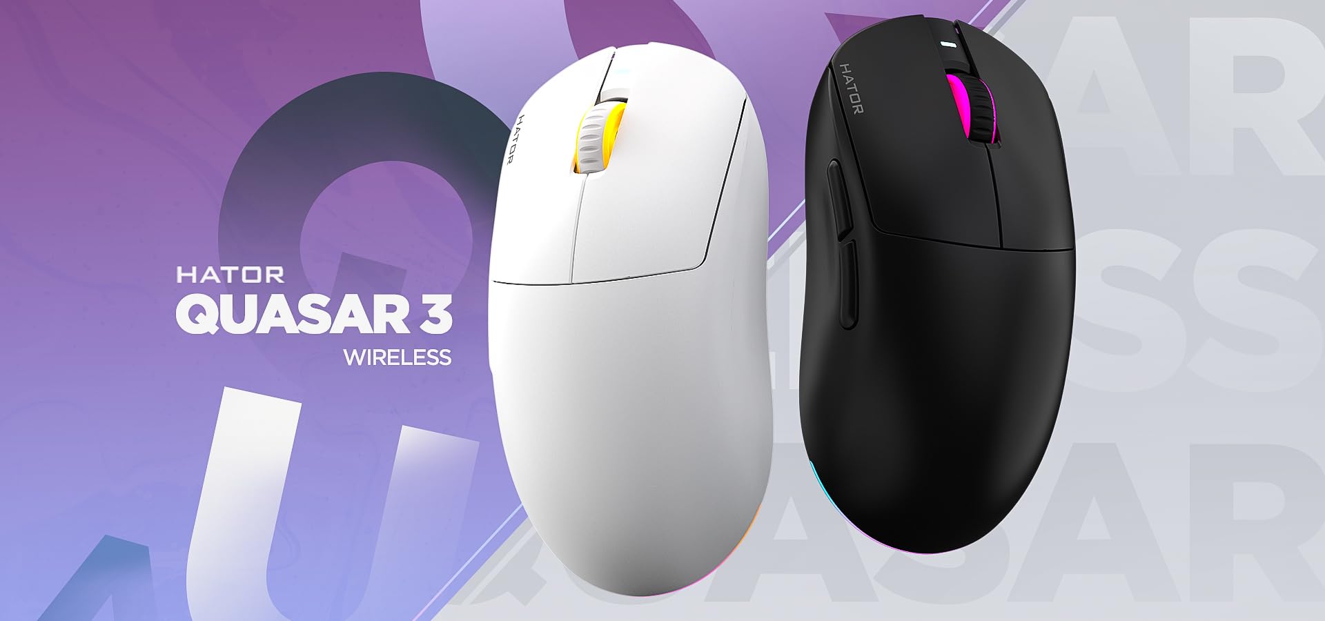 HATOR Quasar 3 Wireless Ratón Gaming inalámbrico, 64g Ultraligero, PixArt PMW3311, 12000 dpi, Optical Switches 100M, RGB, 1000Hz, 2.4GHz/Bluetooth 5.4/USB-C, PTFE Feet, 600mAh, 100h, PC/Mac (Blanco)
