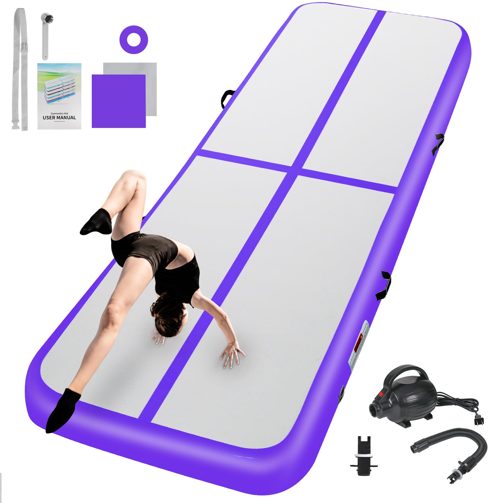 Inflatable Gymnastics Mat 10ft/13ft/16ft/20ft/ Air Tumbling Track Mats 4/8 inches Thick for Home Use/Training/Cheerleading/Yoga/Water with Pump