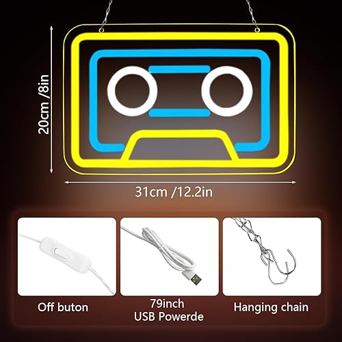 Miniatura 4 de Letrero de neón retro de casete -decoración LED de 12.2 x 8 pulgadas con cable de 5 V - amarillo+blanco+azul cielo - adecuado para iluminación