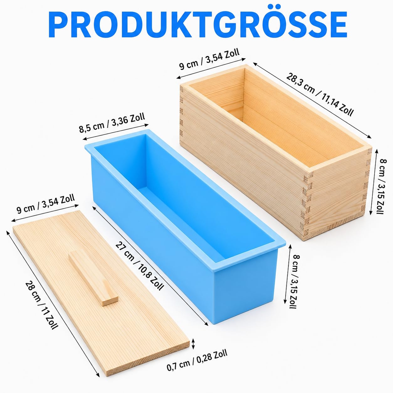 4er Seifen Silikonform, 1200ML DIY Rechteckiges Form Set aus Silikon-Seifenformen aus Holz, Handgemachte Seifenlaibform mit Holzkisten und Deckeln für Seifenherstellungszubehör Cakes (Blau)