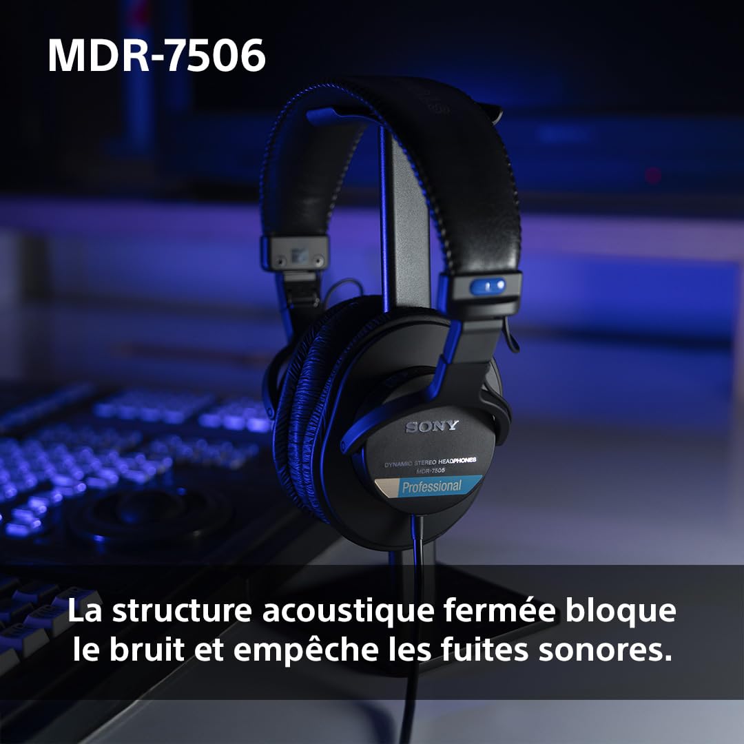 Sony MDR-7506, casque d'écoute studio fermé - filaire, gamme de fréquences 10Hz à 20kHz, idéal pour l'enregistrement et le mixage en studio, 63 Ohm, design léger et pliable (227g), noir