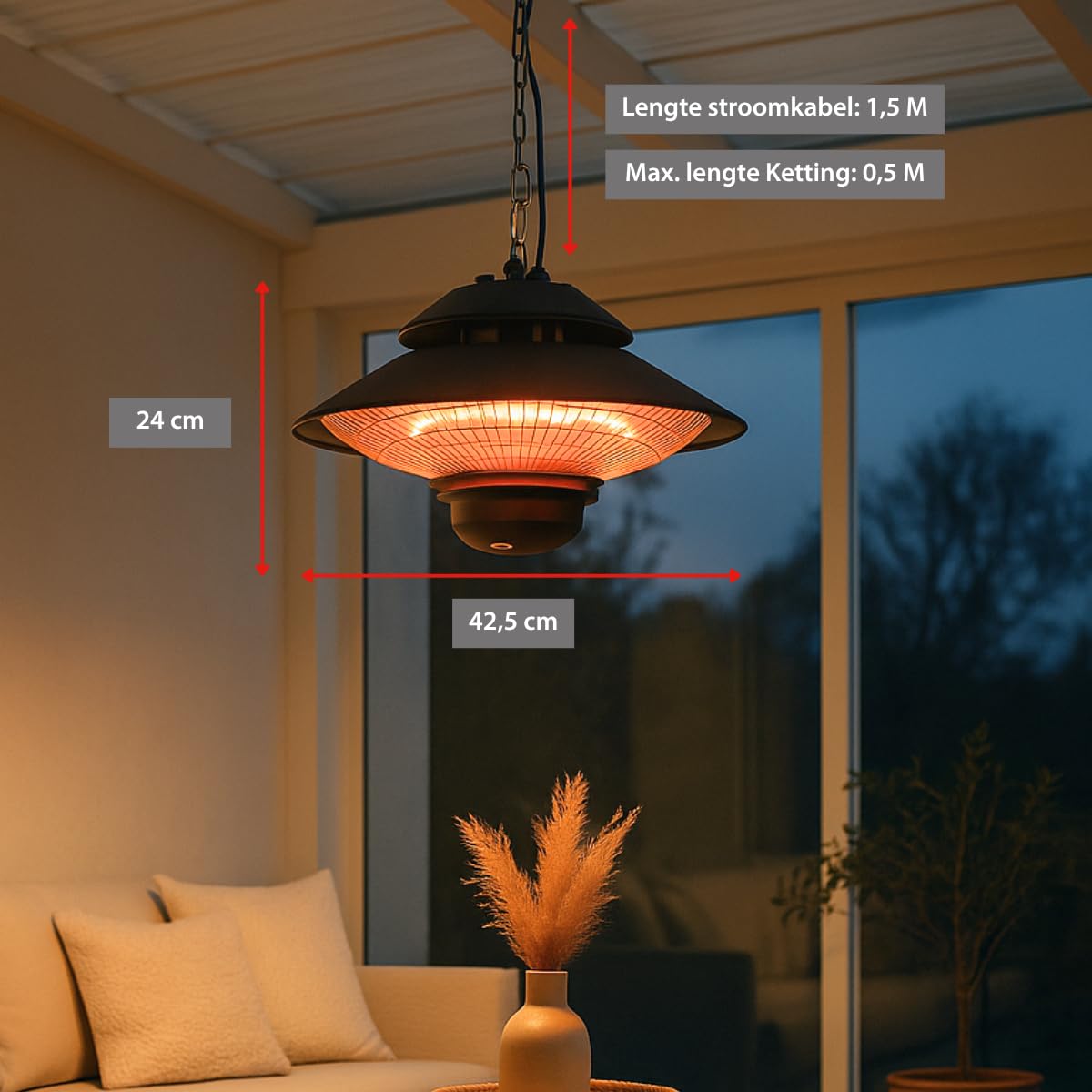 alpina Chauffage Extérieur Terrasse 1500W – Chauffage Électrique Suspendu Rond Infrarouge avec Télécommande – Radiateur de Terrasse Intérieur/Extérieur, Noir