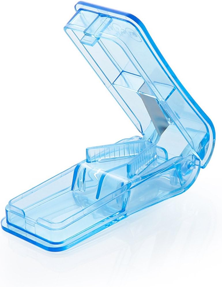 Pill Box Cutter Splitter Crusher - Travel Portable Pill Box Case - Medicine/Vitamin Organizer with Cutter - Flexible V-Shaped Holder Grips All Size Multi Shape Pills Accurate Cut