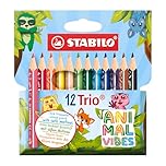 STABILO Trio thick short Animal Vibes - Triangular Colouring Pencil - Pack of 12 - Assorted Colours