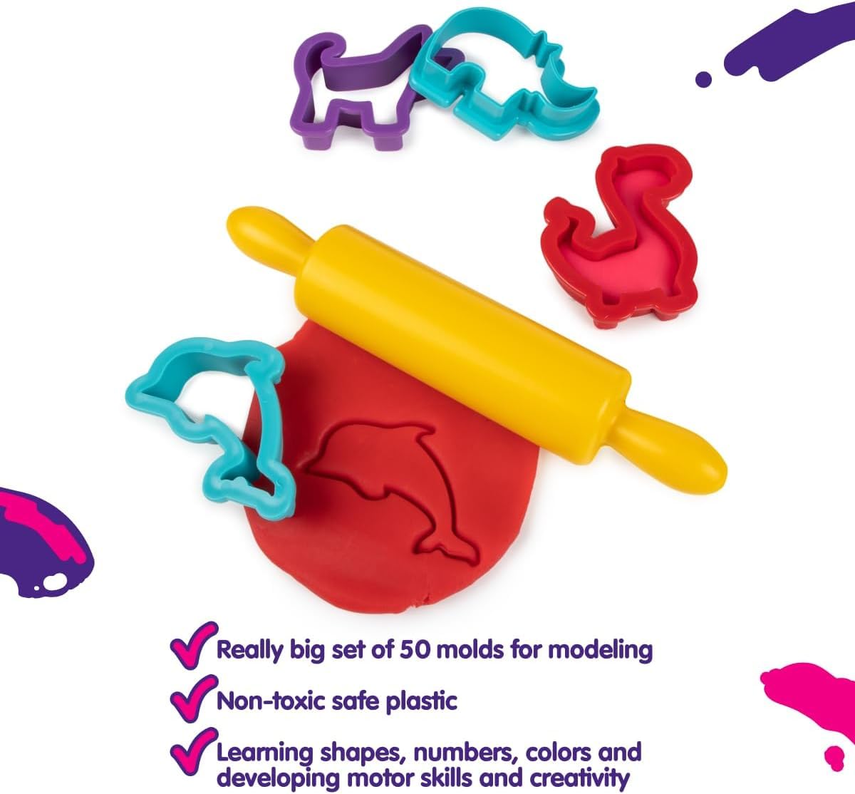 Genio Kids Big Modelling Clay & Dough Accessories Set 50 Pieces, Shapes, Tools and Cutters, Plasticine Moulds - Image 3