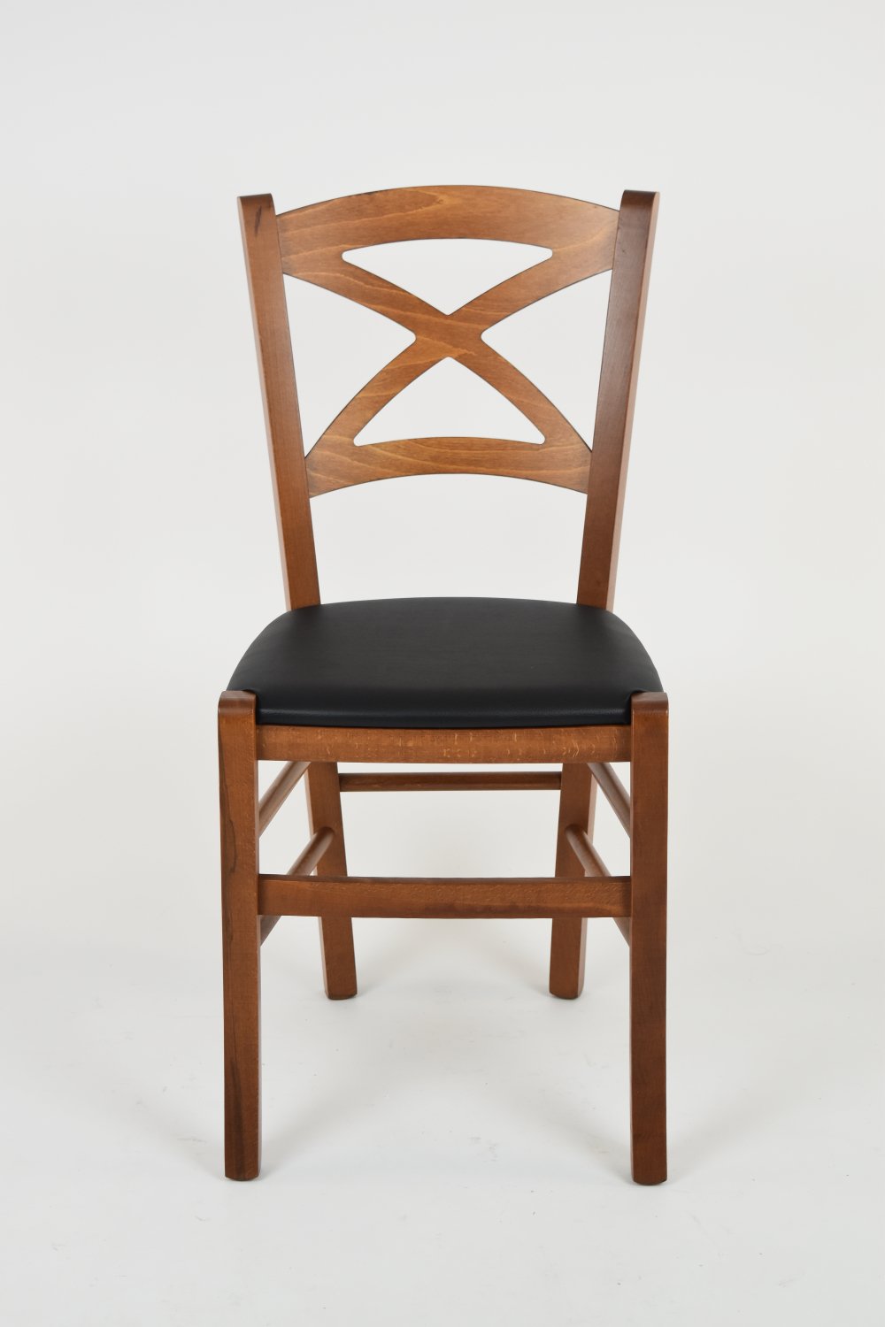 Tommychairs - Set 4 chaises CROSS pour cuisine, bar et salle à manger, robuste structure en bois de hêtre peindré en couleur noyer clair et assise rembourrée et revêtue en cuir artificiel couleur noir