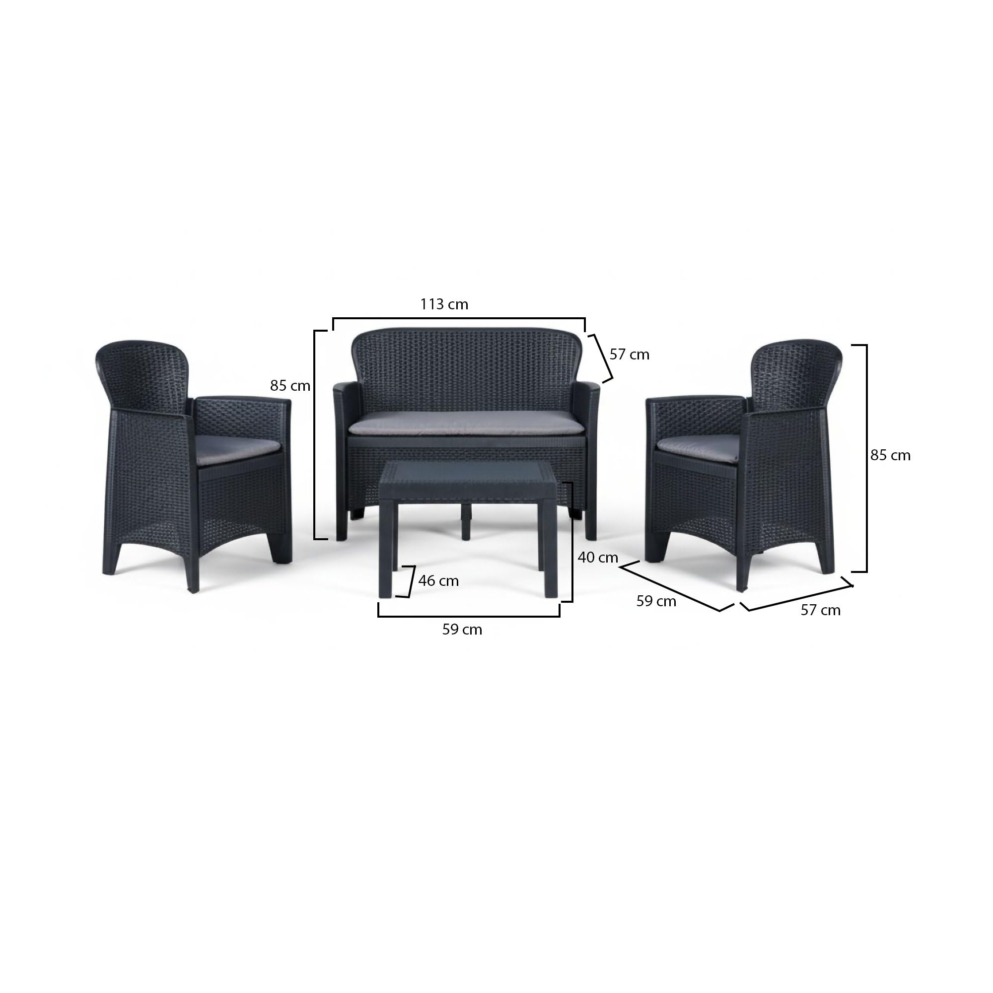 Dmora - Set salotto da esterno Ostuni, Set da giardino con 2 poltrone, 1 divano ed 1 tavolino, Salottino effetto rattan con cuscini, 100% Made in Italy, Antracite