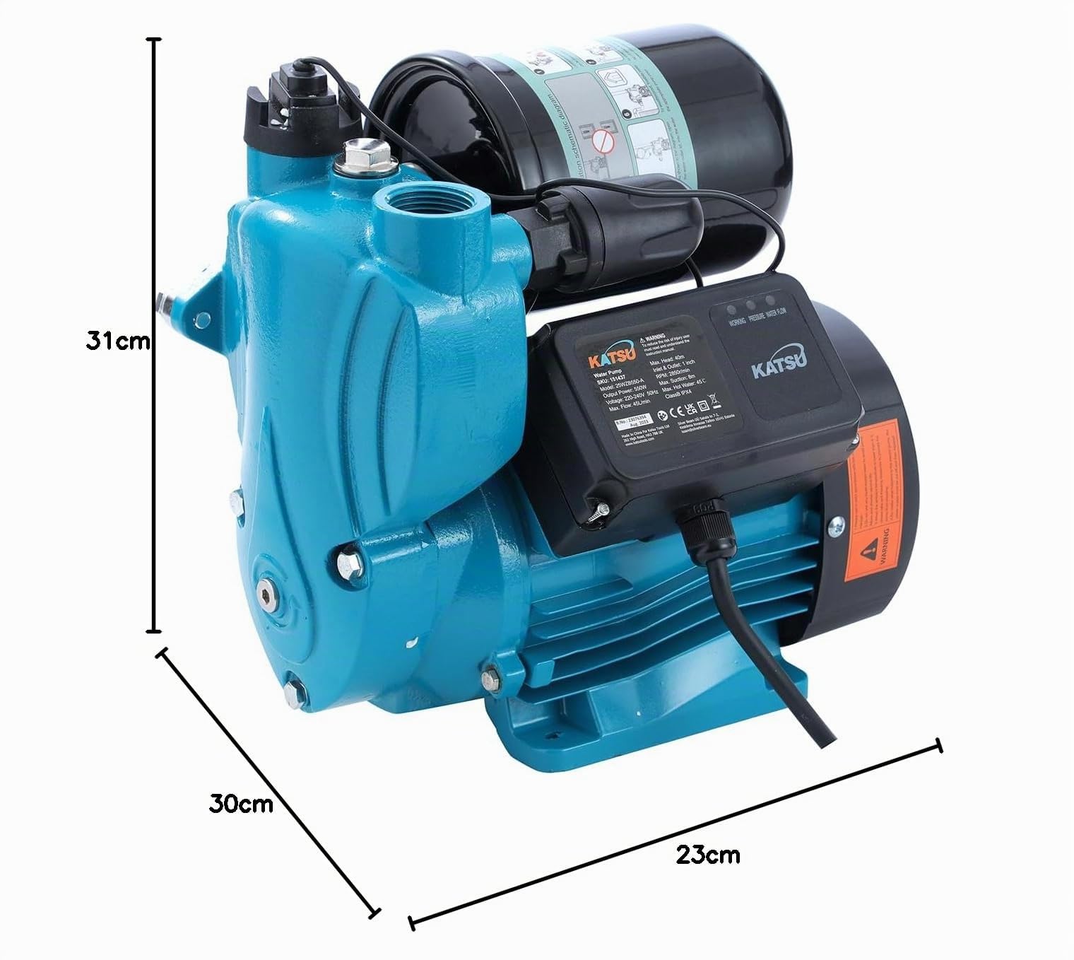 KATSU Bomba de Refuerzo de Agua de 550W, Automático Control de Presión, Autocebante Adecuado para Grifos de Agua para el Hogar y el Jardín 151437