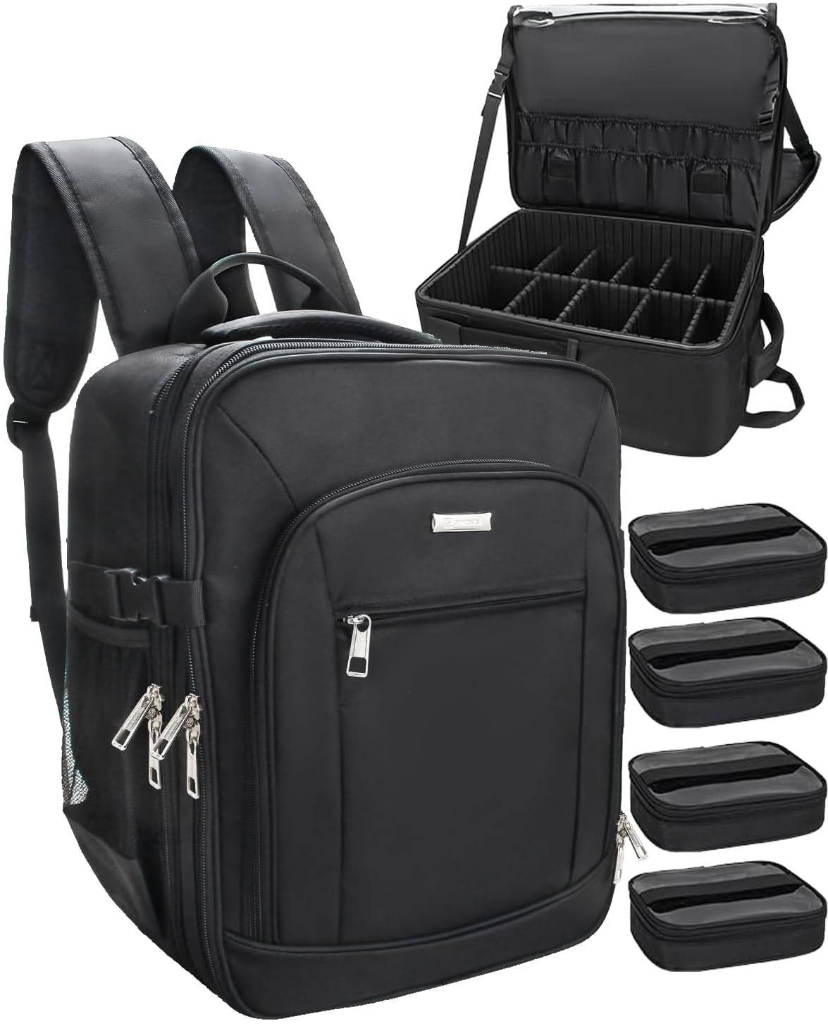 Relavel Sac à dos cosmétique professionnel extra large voyage cosmétique organisateur de rangement double couche grande capacité avec 4 compartiments intérieurs noir