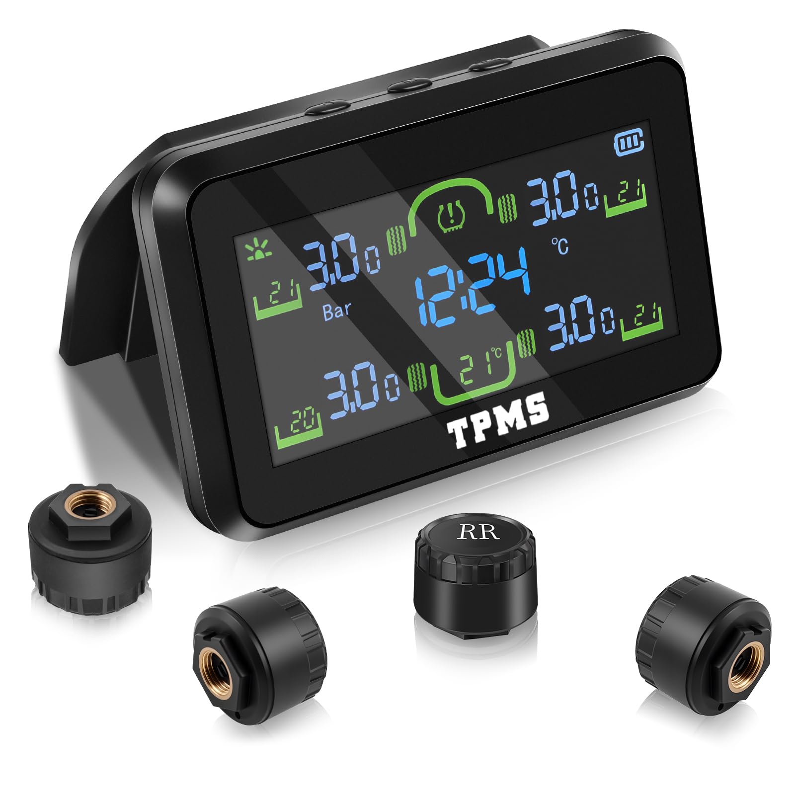 TPMS Sistema de Monitoreo de Presión de Neumáticos, Carga Solar/USB, 5 Funciones de Alarma, Auto On/Off, Compatible Caravana/Berlina/SUV/MPV (4 Sensores, 87 PSI)