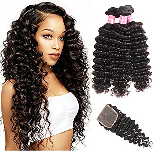 Brazilian Deep Wave Bundles with Closure 10a Unprocessed Brazilian Virgin Deep Wave Curly Human Hair Weave Extensions With Lace Closure 4x4 Three Part Natural Color Deep Wave 20 22 24 with 18 Closure