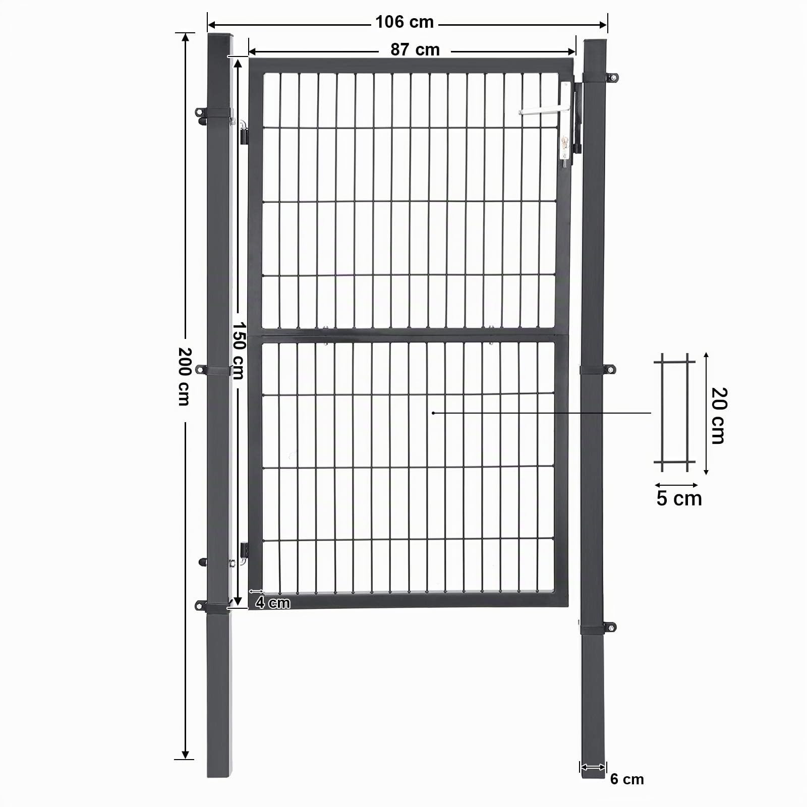 SONGMICS Portillon de Jardin Grillagé, en Acier Galvanisé, Clôture avec Serrure, Porte 106 x 150 cm (L x H), Tube Rond, Gris GGD200GY