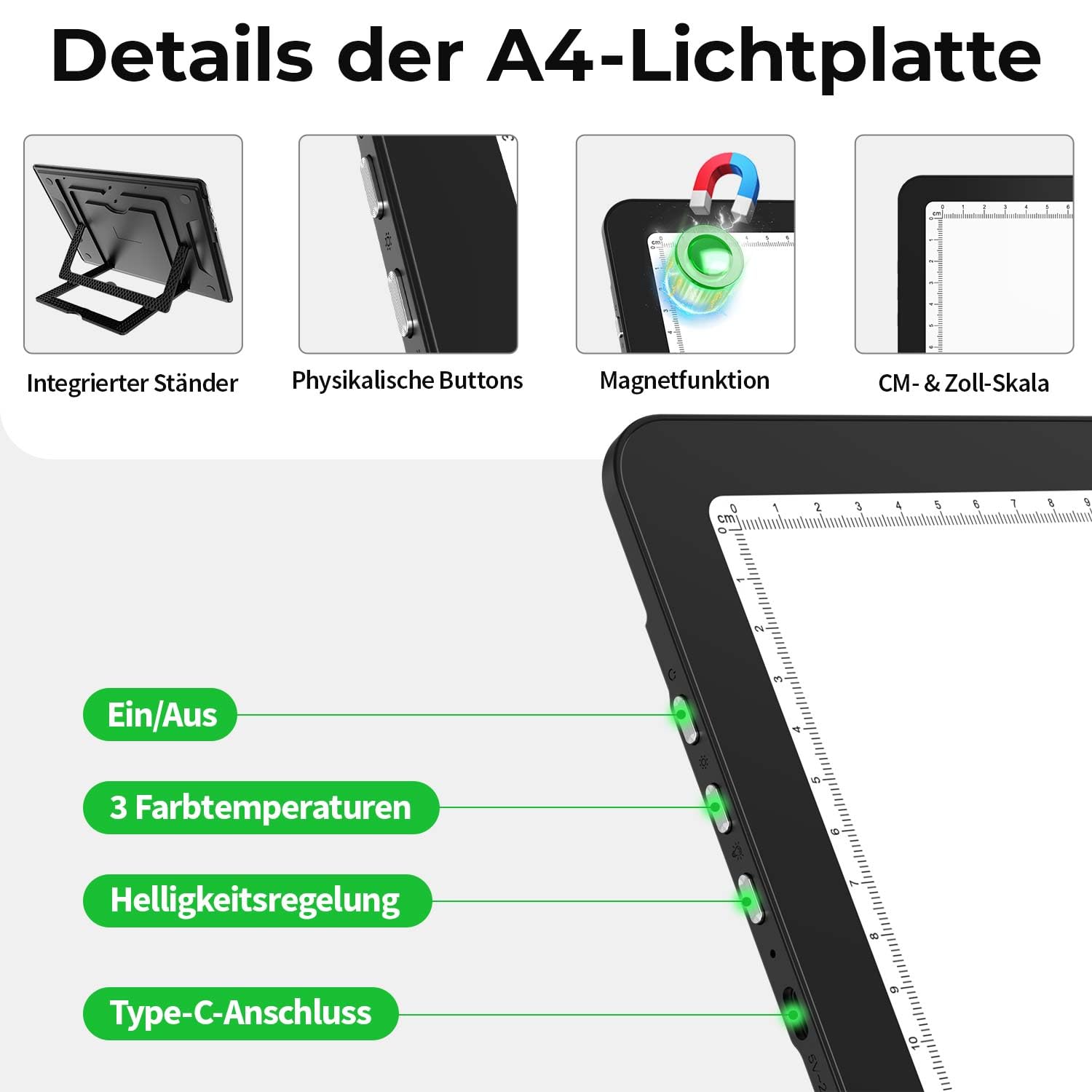 Zocelight wiederaufladbares A4 Leuchttisch mit integriertem Ständer & Tasche, Superheller magnetischer light box mit physischen Tasten,Lichtkasten für diamond painting, Leuchtplatte für Skizzieren