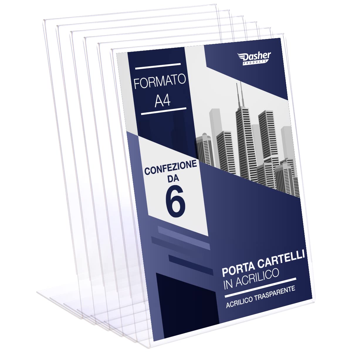 Slant Back Acrylic Sign Holder A4, 6 Pack, Portrait Ad Frames, Clear Picture Frame for Signs, Brochure, Flyer, Menu, Paper, Poster, Display. Slanted Plastic Message Board Stand for Home, Office, Store