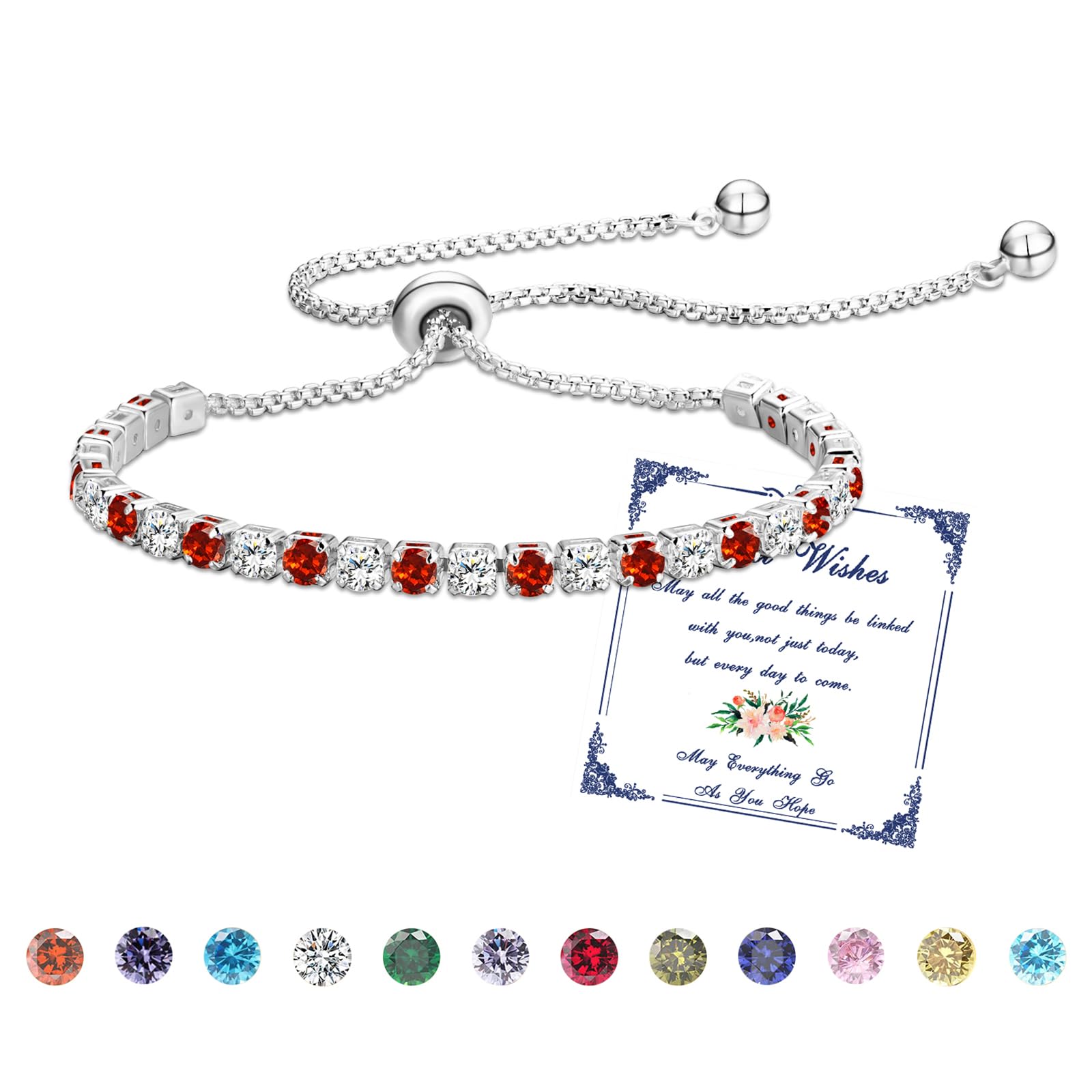 Esmoly Bracciale Donna Argento Bracciale Tennis con 12 Colori di Pietre Natali e 5A Sparkle Zircone Regolabile Regalo Compleanno Donna Ragazza