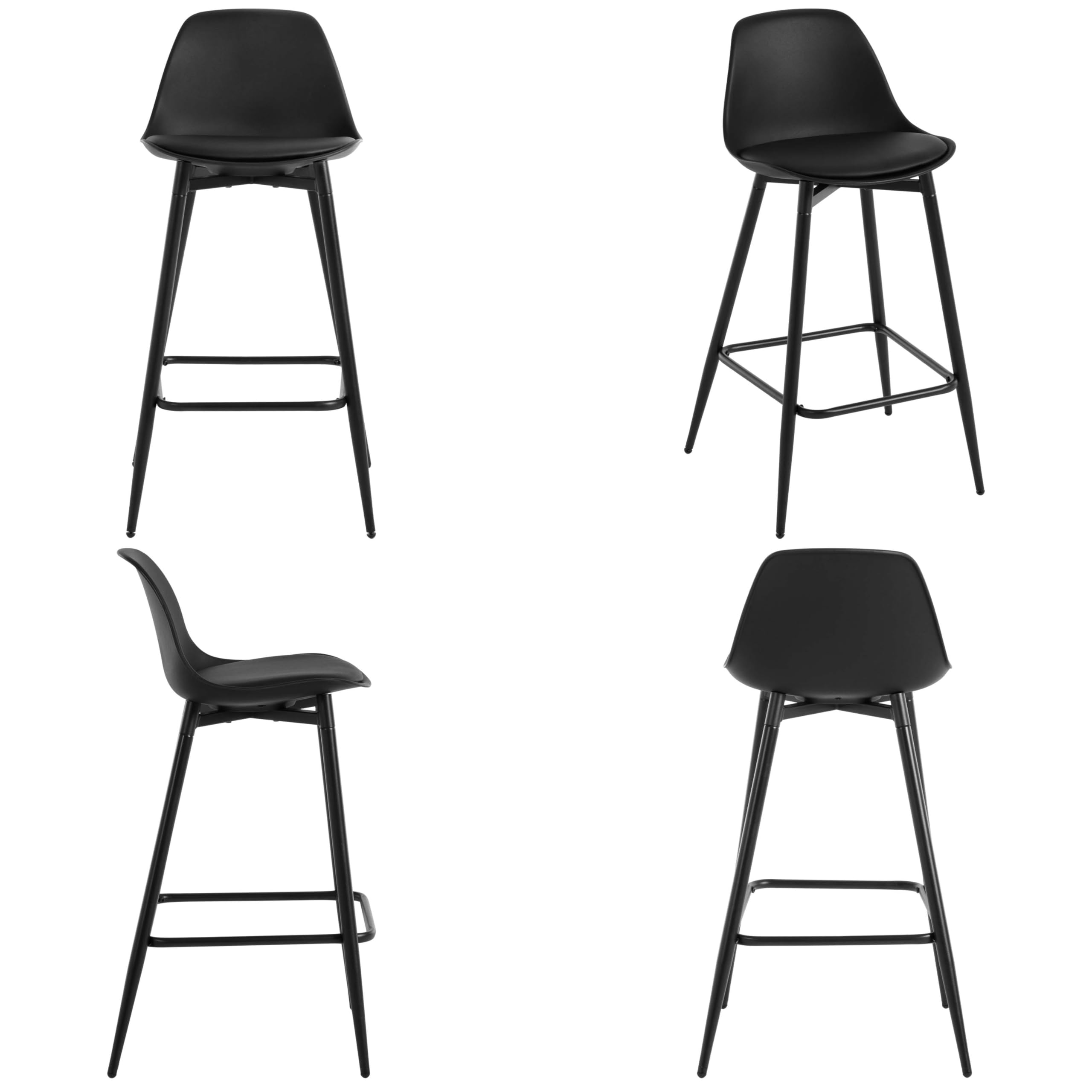 Lot de 2 Tabourets Bar, Tabourets de Bar pour Petit-Déjeuner, Tabourets de Cuisine avec Dossier, Siège Rembourré en PP et Cadre en Métal avec Repose-Pieds, Noir, K0001BH-2