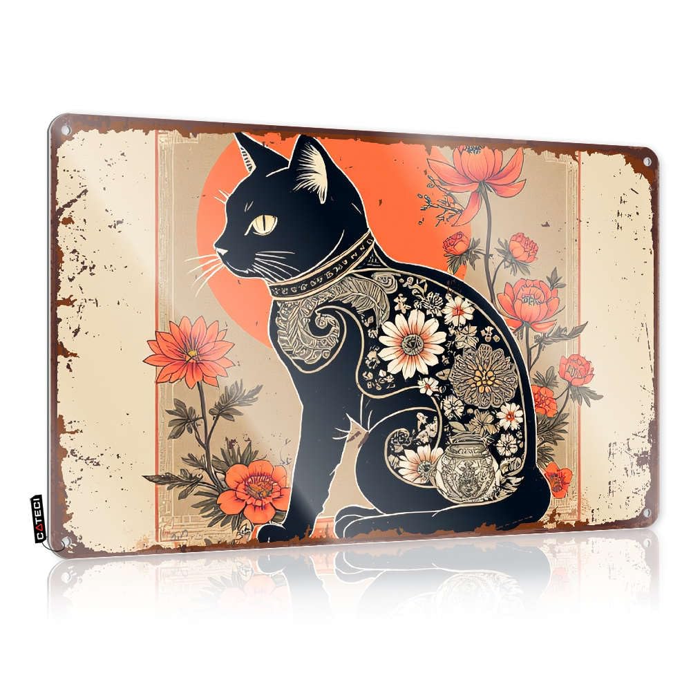 Vintage Poster Tinsign Wall Art - Black Cat With Intricate Floral Patterns. Gift For Cook Handmade Retro Style Decoration For Basement(30X40CM)