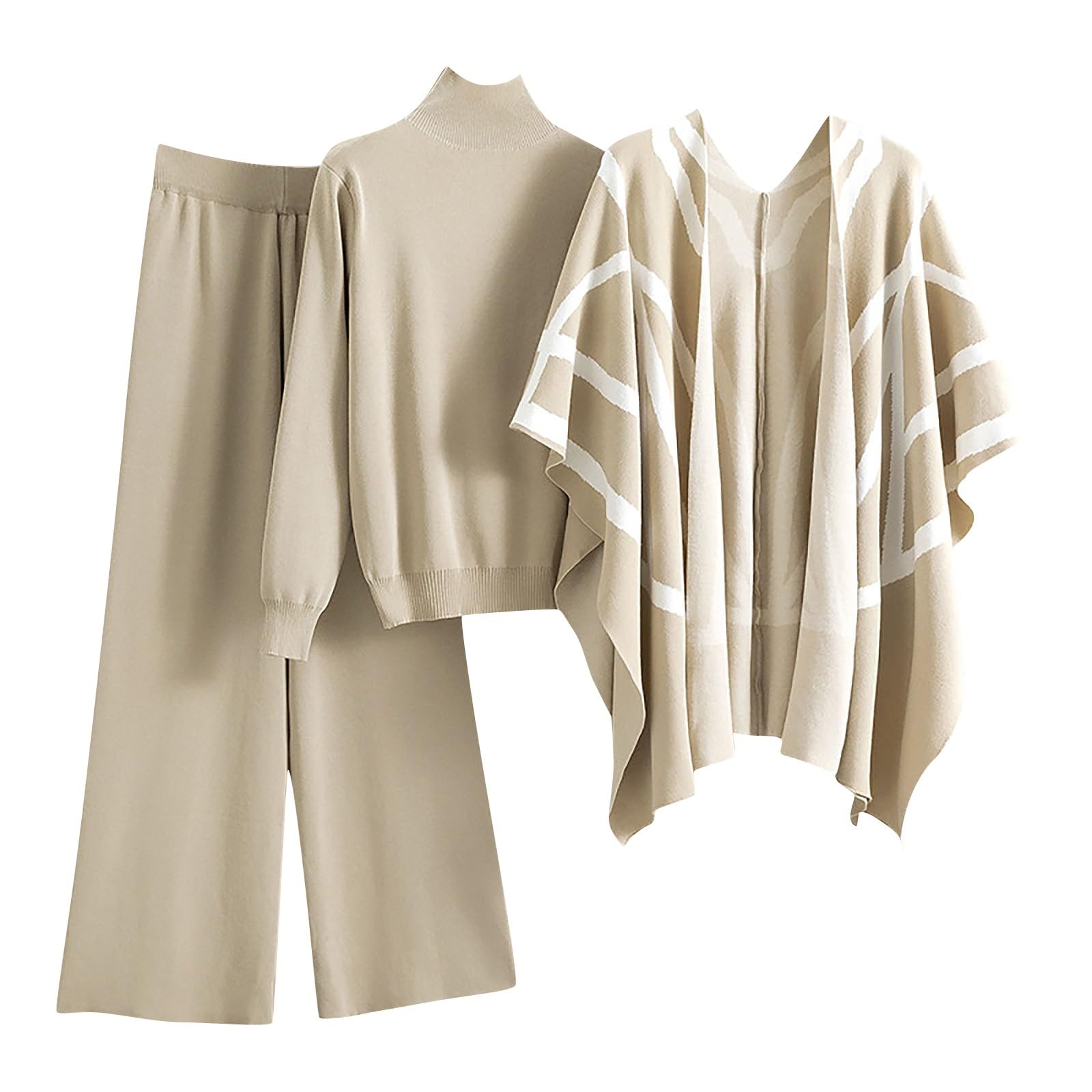 Hosenanzug Damen Elegant 3 Teiler Winter Strickanzug Damen Set 3 Teilig Rollkragen Hausanzug Kuschelig Strick Anzug Frauen Gestricktes Weites Bein Freizeitanzug Inkl. Pullover, Hose und Mantel