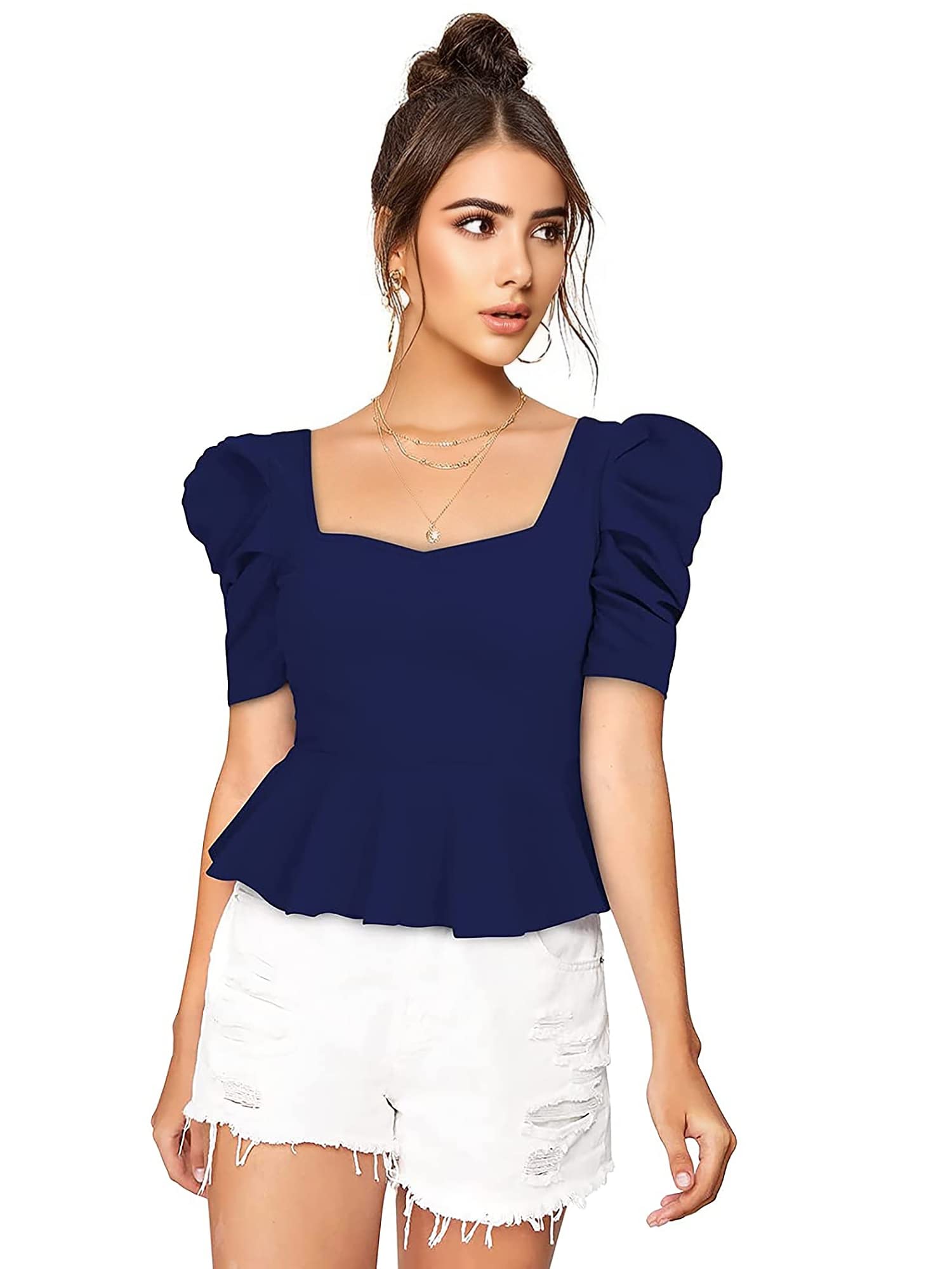 Puff Short Sleeve Peplum Sweetheart Neck Peplum Women Top-picture-38
