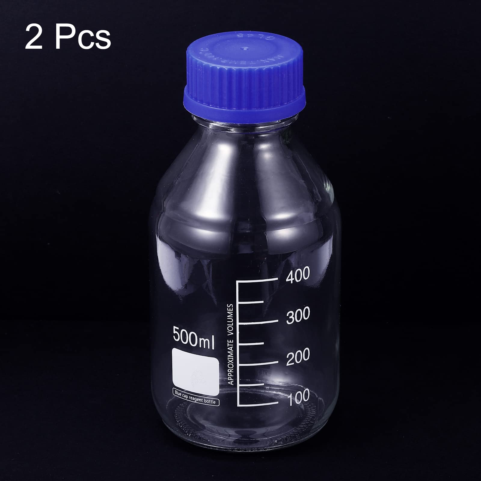 PATIKIL 500mL Reactivo Medios Botella, 2uds Redondo Graduado Vidrio Almacenamiento Botella Azul Roscada Tapa para Laboratorio Hogar, Transparente