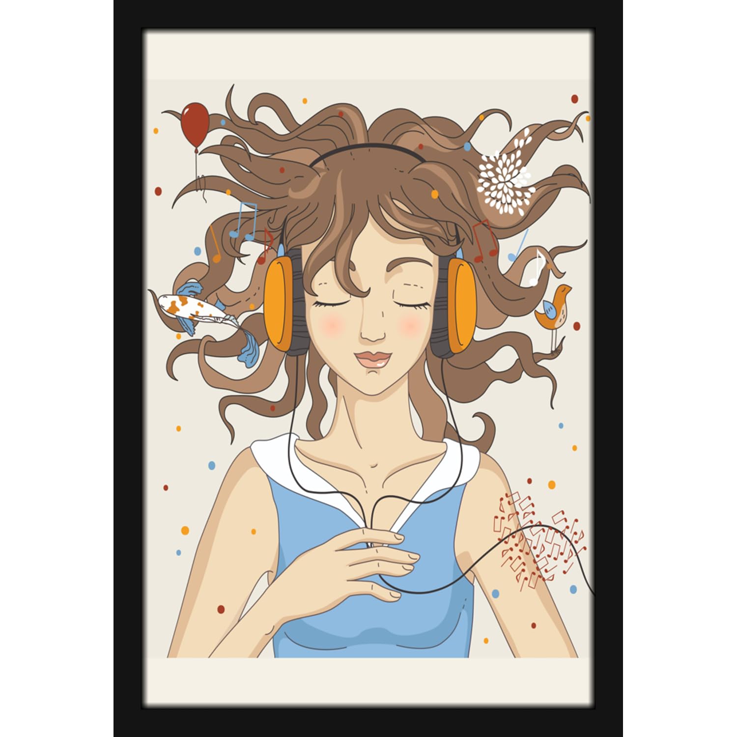 Mad Masters Girl Listening Music in Headphones. 1 Piece Wooden Framed Painting |Wall Art | Home Décor | Painting Art | Unique Design | Attractive Frames