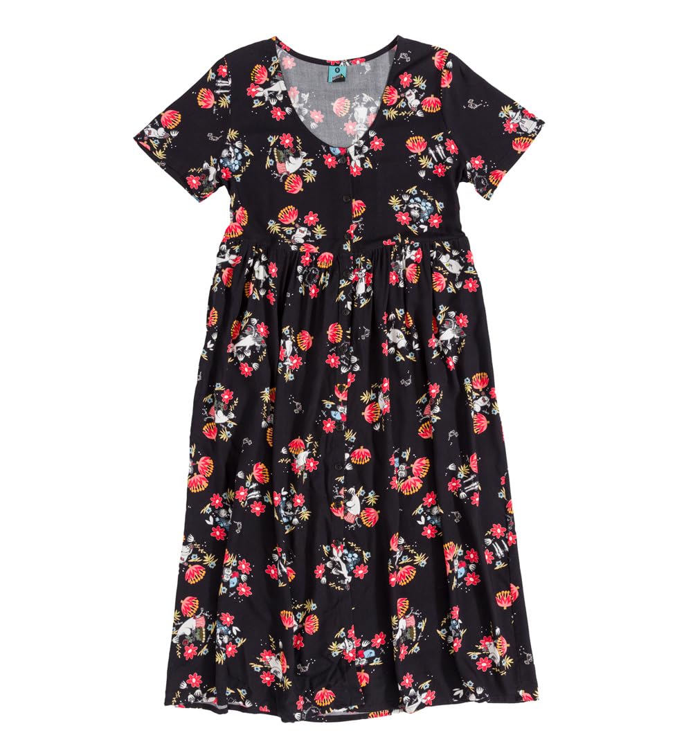TruffleShuffle Moomin 80th Anniversary All Over Print Floral Black V Neck Midi Smock Dress