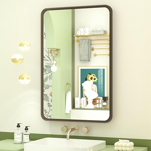 Miniatura 26 de OKPAL Espejo de Baño con Marco de Metal Negro de 40 x 36 Pulgadas para Pared, Espejo de Tocador de Baño Negro Mate, Espejo Rectangular Redondeado