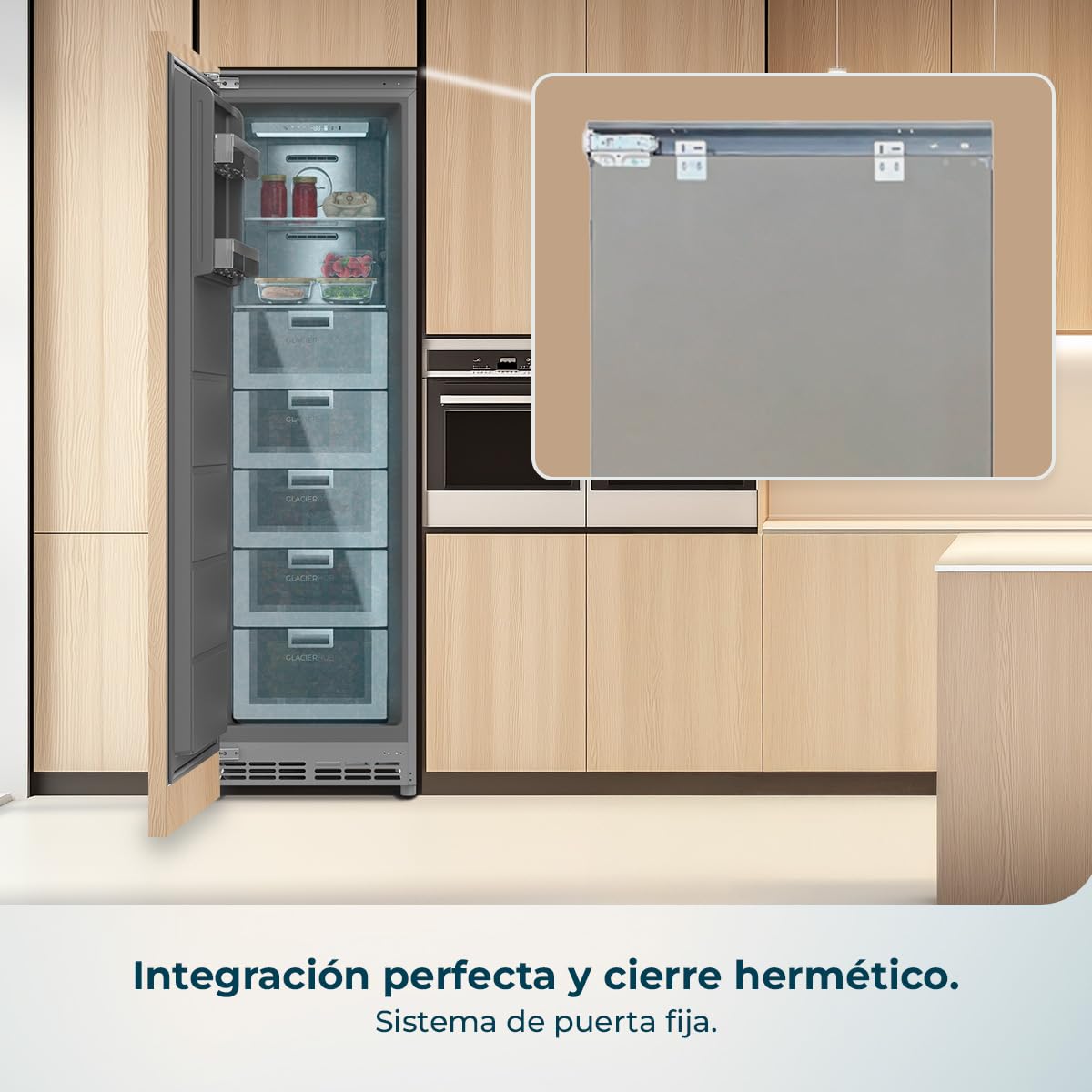 Cecotec Congelador Integrable Vertical 222L Bolero CoolMarket UF BI-D 222 GREY E. Altura 187cm y 55,9cm de Ancho, Bajo Consumo, Metal Cooling, interior gris prémium, Fast Freezing