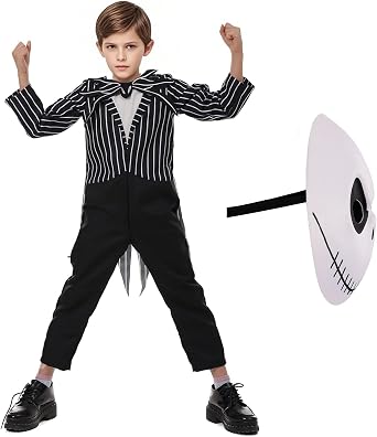 CAFELE Skeleton Costume Kids Boys The Boy Jumpsuit and Mask Outfits Halloween Cosplay Props 3-12 Years
