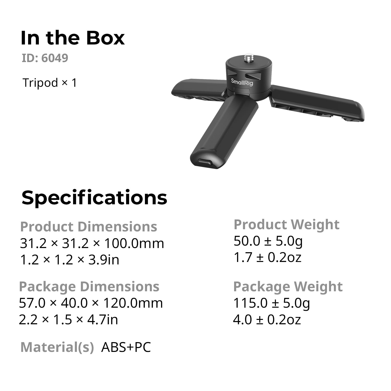 SMALLRIG Trépied pour caméras d'action pour DJI Osmo Pocket 4 / Pocket 3 / Action 6/5 Pro, vis 1/4"-20, Charge maximale 500 g, Poids 50 g, Format Compact 10 cm - 6049