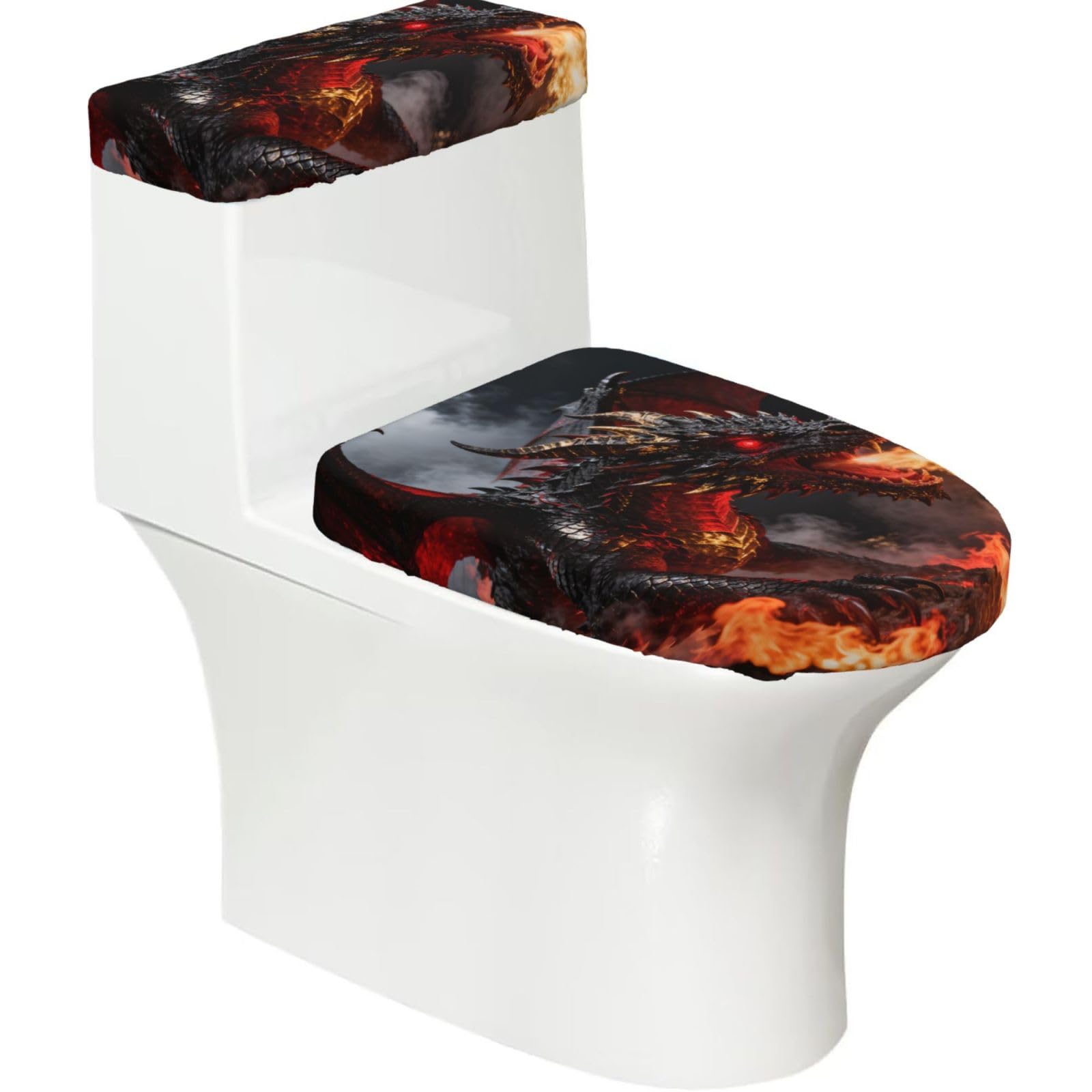 Cntdbu Black Dragon Fire Flame Stretchy Toilet Lid And Tank Cover Set-Soft Elastic Bathroom Decor For U Shape Oval