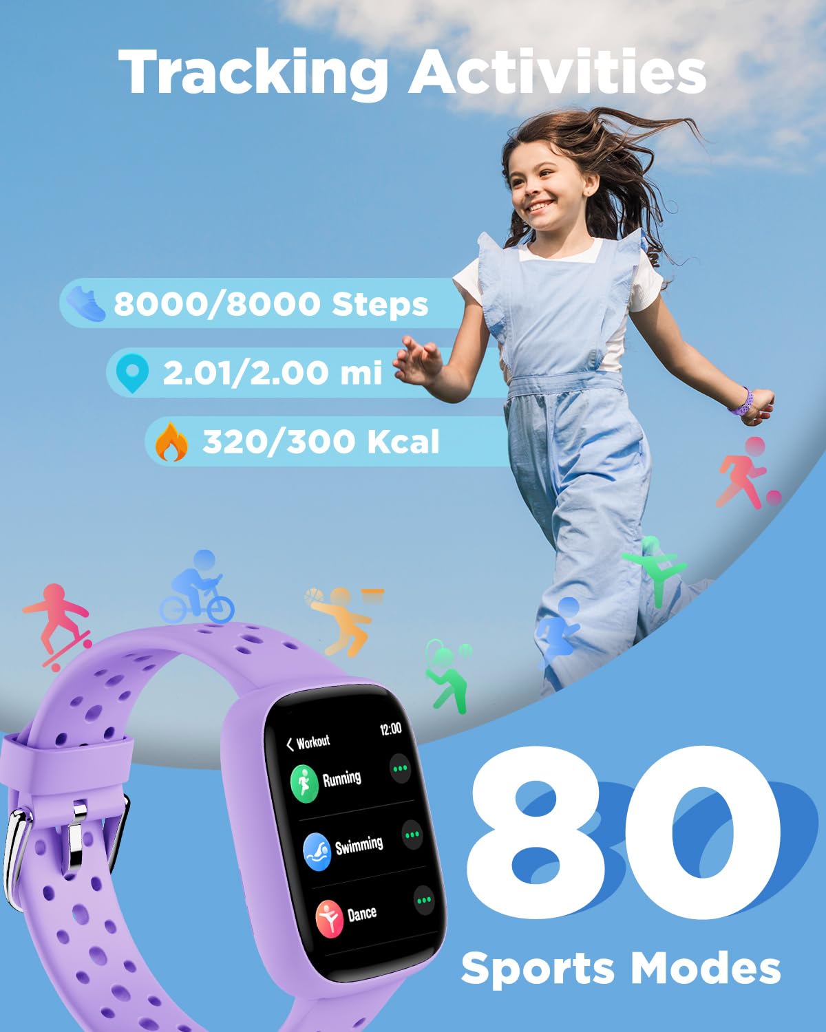 BIGGERFIVE Smartwatch dla dzieci, zegarek fitness 1,8 cala, krokomierz, puls 24/7, monitor snu, alarm wibracyjny, wodoodporność IP68, gry logiczne z/bez aplikacji, dla dziewcząt, nastolatków 5-16