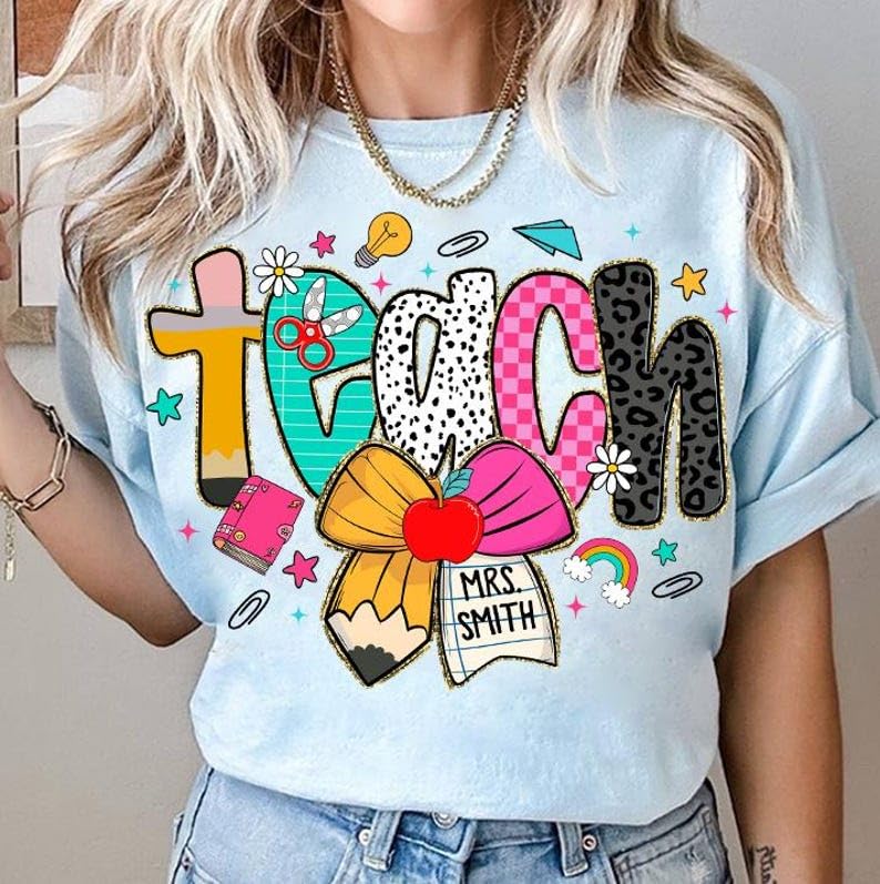 Pencil Coquette Bow and Checkered Leopard Design T-Shirt, Gift for Teachers, Educators, from Students, Parents, Teach Love Inspire Shirt, Back to School Holiday3