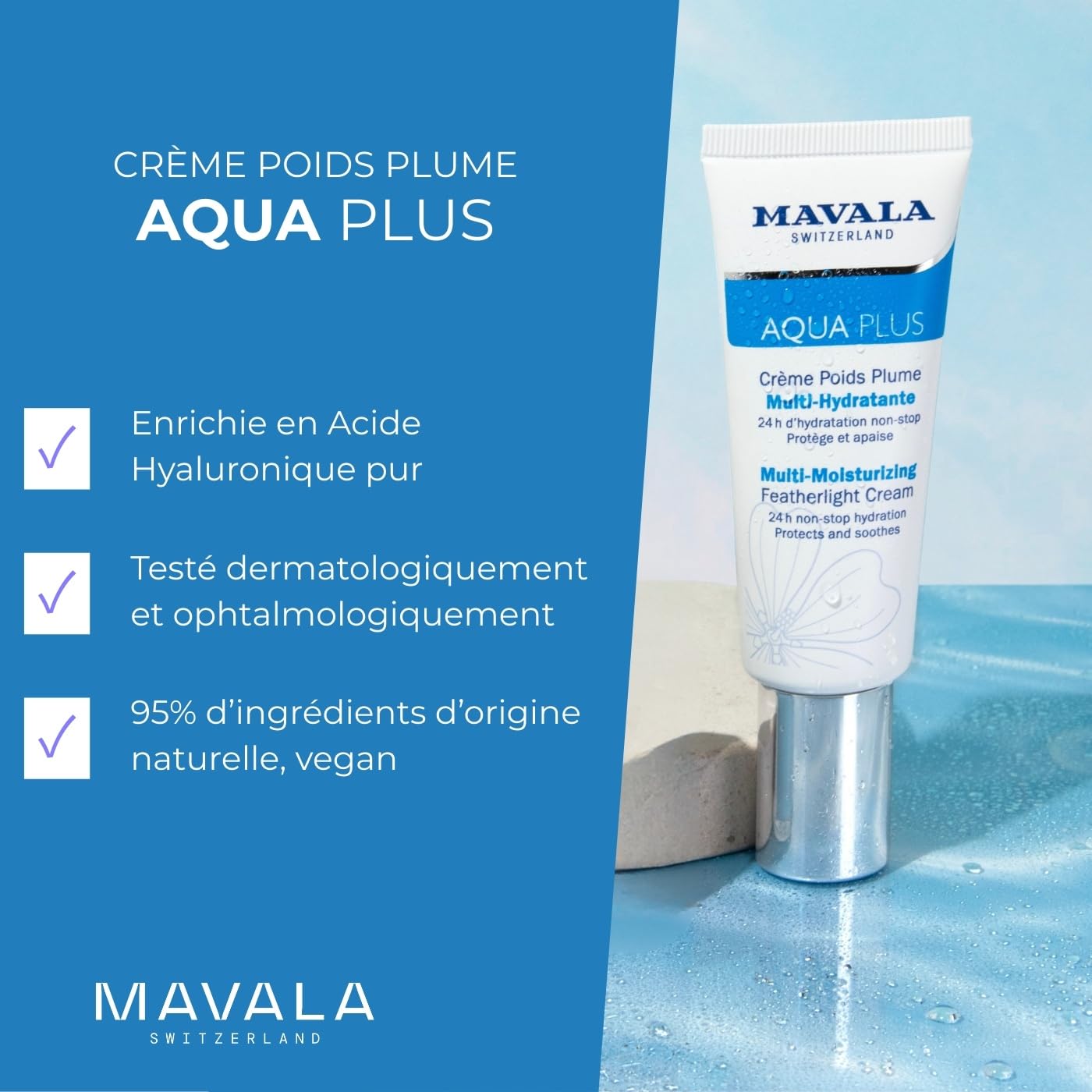MAVALA Aqua Plus Multi-Moisturizing Featherlight Cream | Rehydrates, Replenishes, and Reinforces Skin, 24 Hour Hydration | Pure Alpine Water, Hyaluronic Acid, 1.5 oz