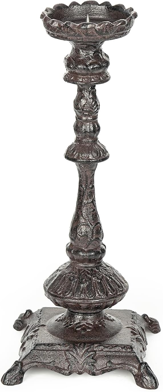 Sungmor Heavy Duty Cast Iron Candlestick Holders - Handcrafted Vintage Candelabra - 37CM/15Inch Tall 1-Head Candle Holder - Decorative Pillar Candle Stand for Christmas Birthday Wedding Home Party