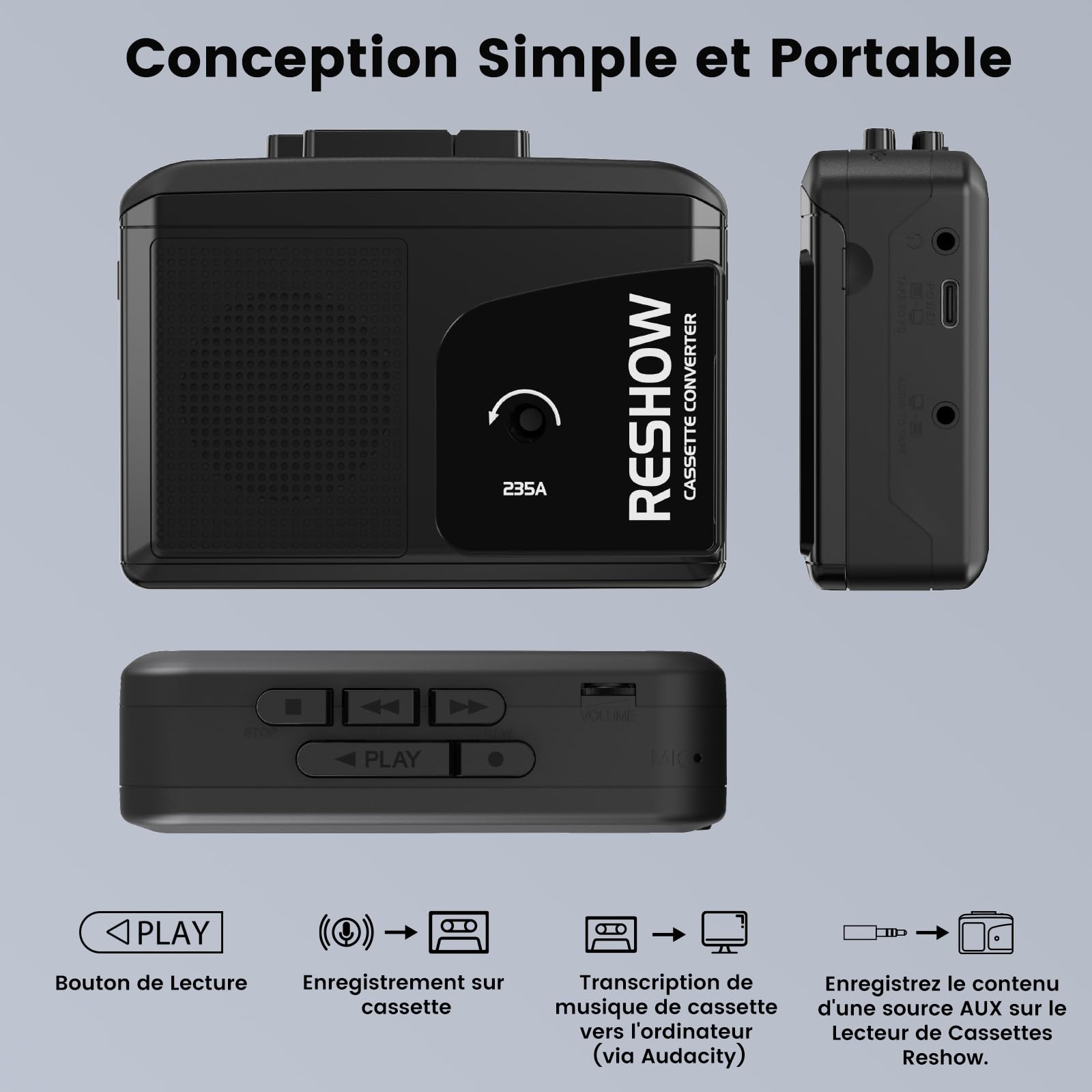 Reshow Lecteur cassette portable avec haut-parleur intégré et prise casque, convertisseur USB cassette vers MP3, lecteur de conversion numérique avec son stéréo complet - Noir